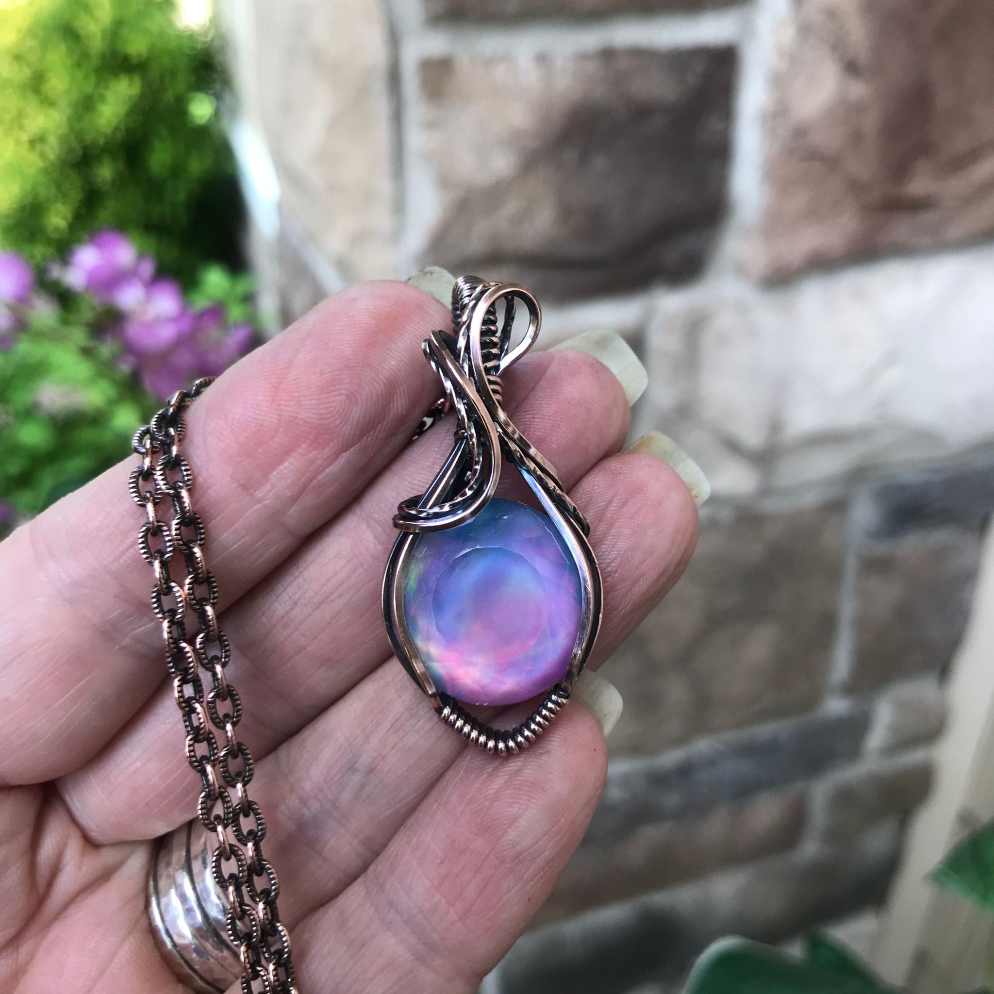 Aurora opal purple and pink copper wire wrapped pendant by Moonlet Jewelry