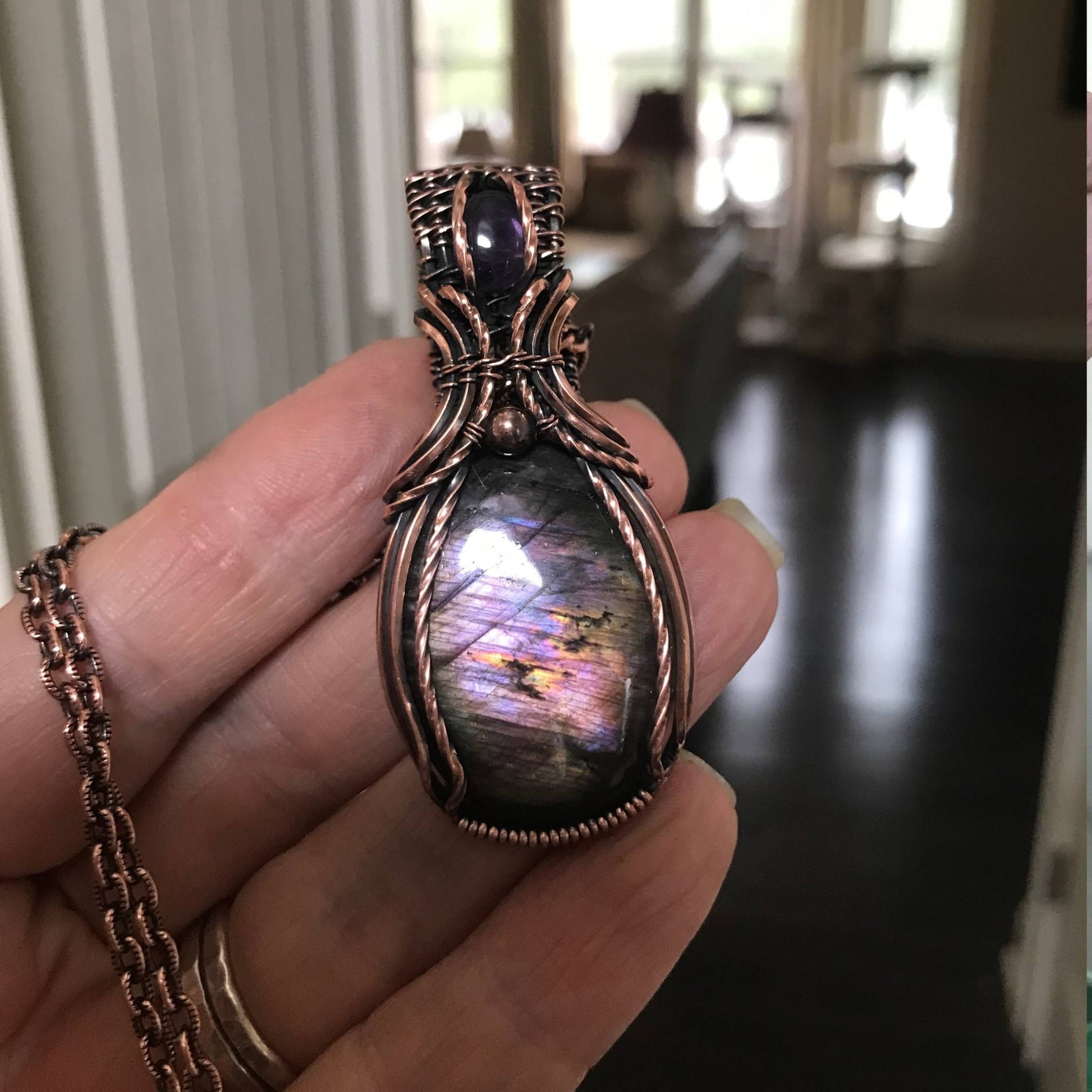 Purple Pink Labradorite & Amethyst Copper Pendant with Woven Bail