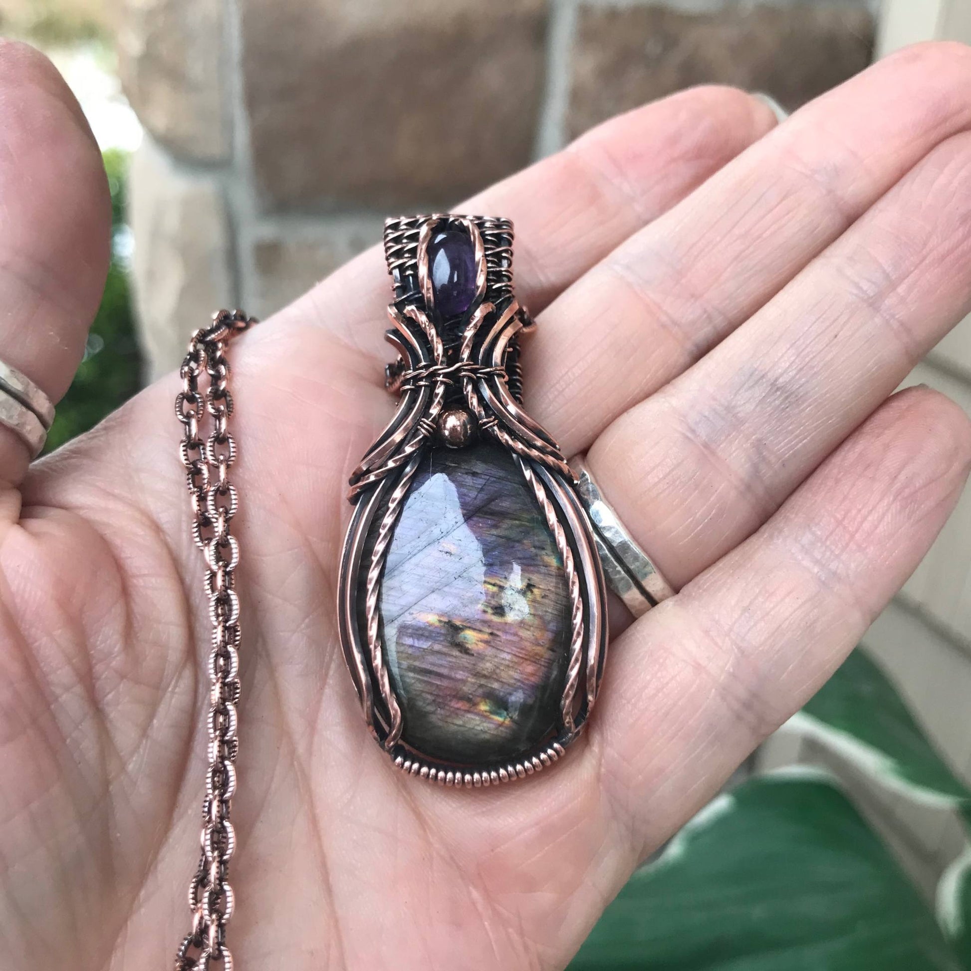 Purple Pink Labradorite & Amethyst Copper Pendant with Woven Bail