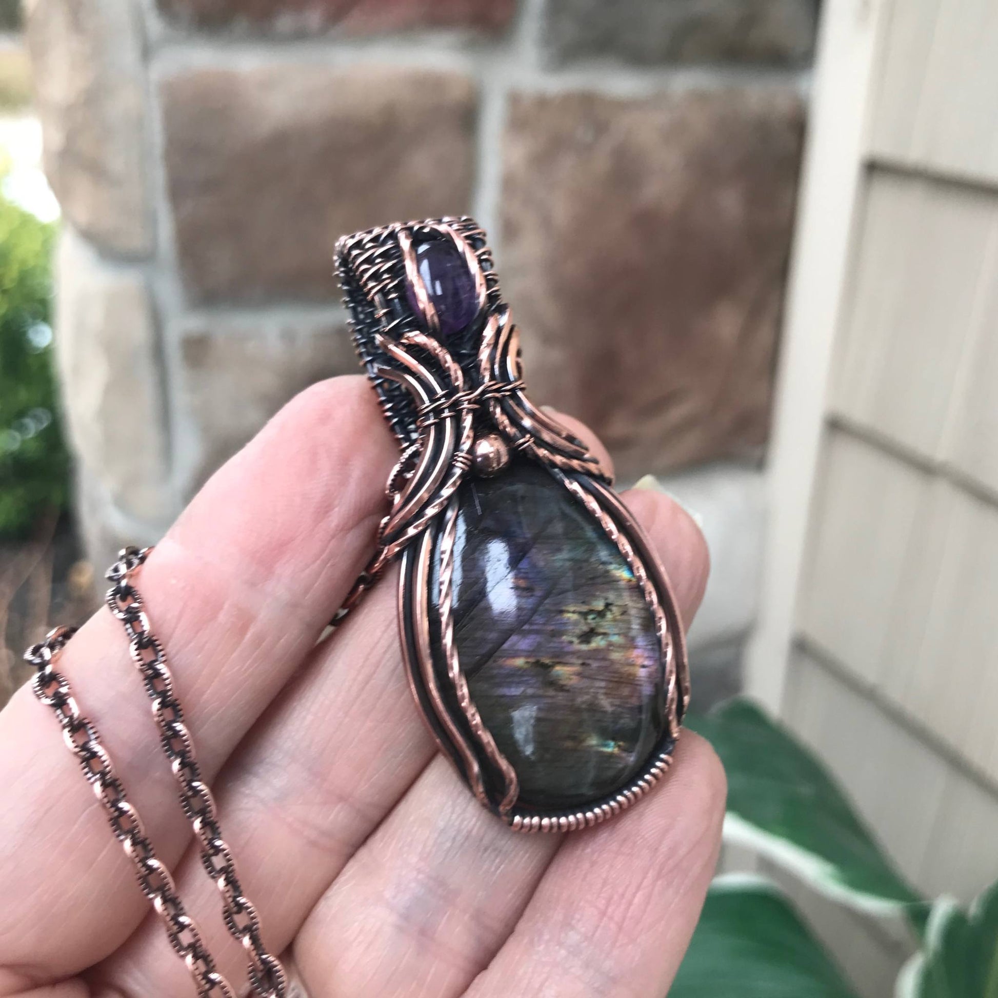 Purple Pink Labradorite & Amethyst Copper Pendant with Woven Bail