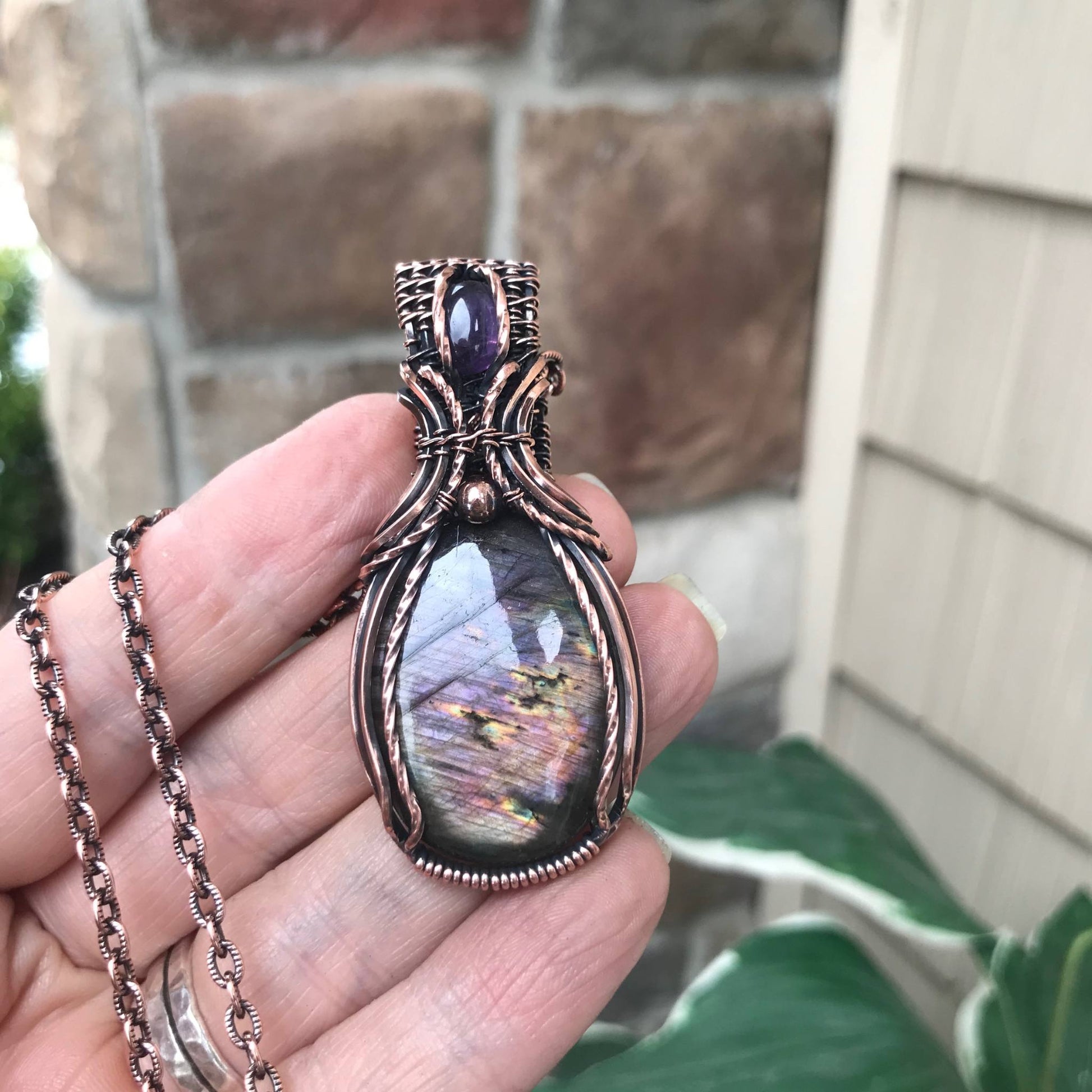 Purple Pink Labradorite & Amethyst Copper Pendant with Woven Bail