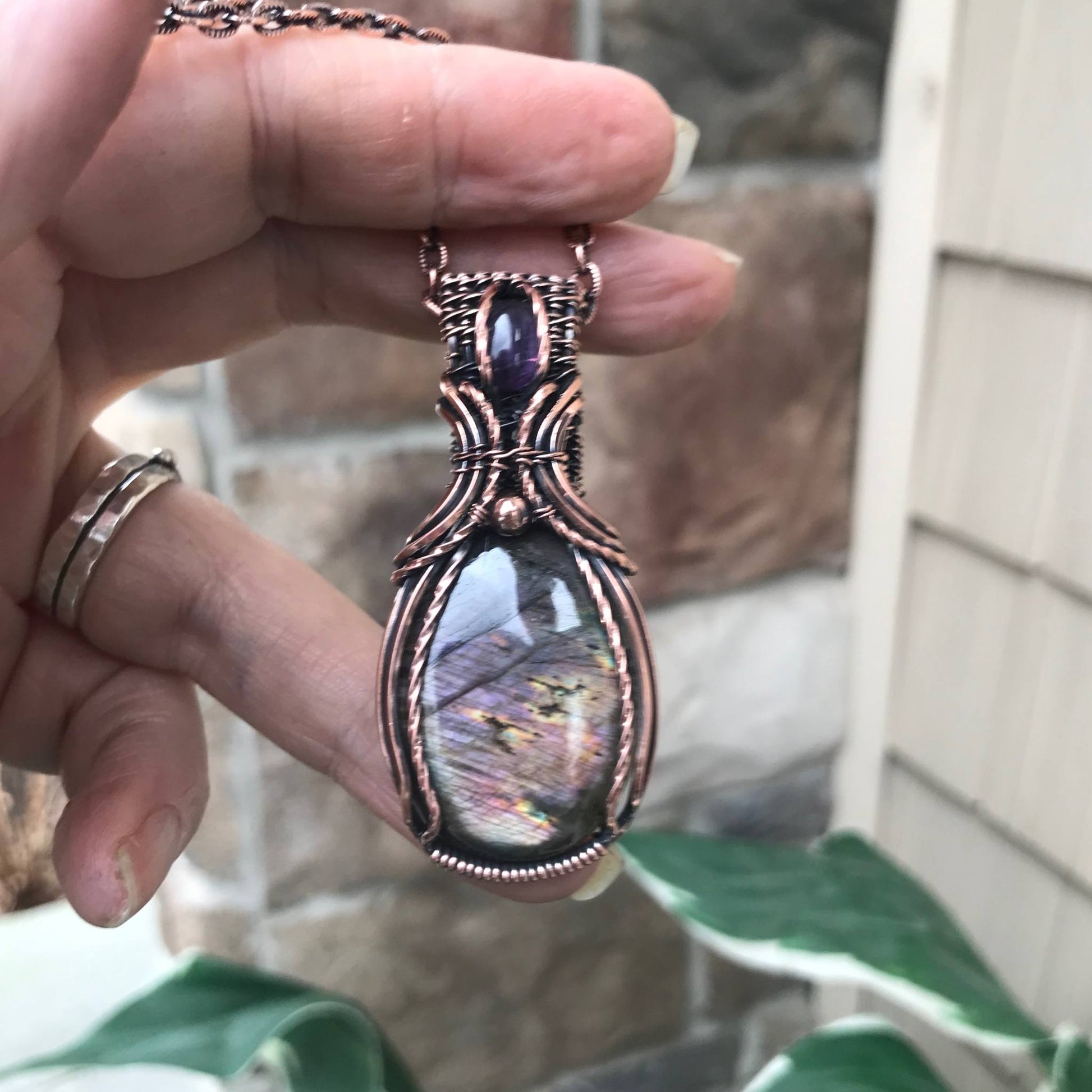 Purple Pink Labradorite & Amethyst Copper Pendant with Woven Bail