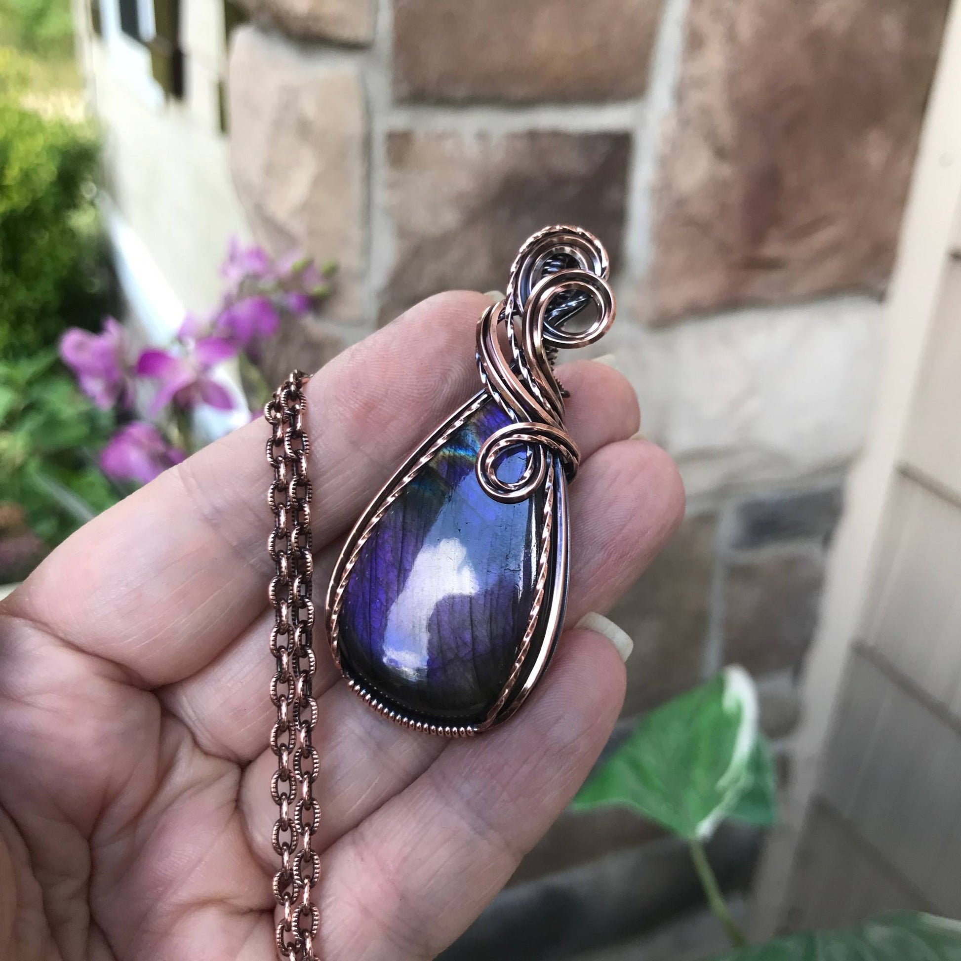 purple pink labradorite copper pendant