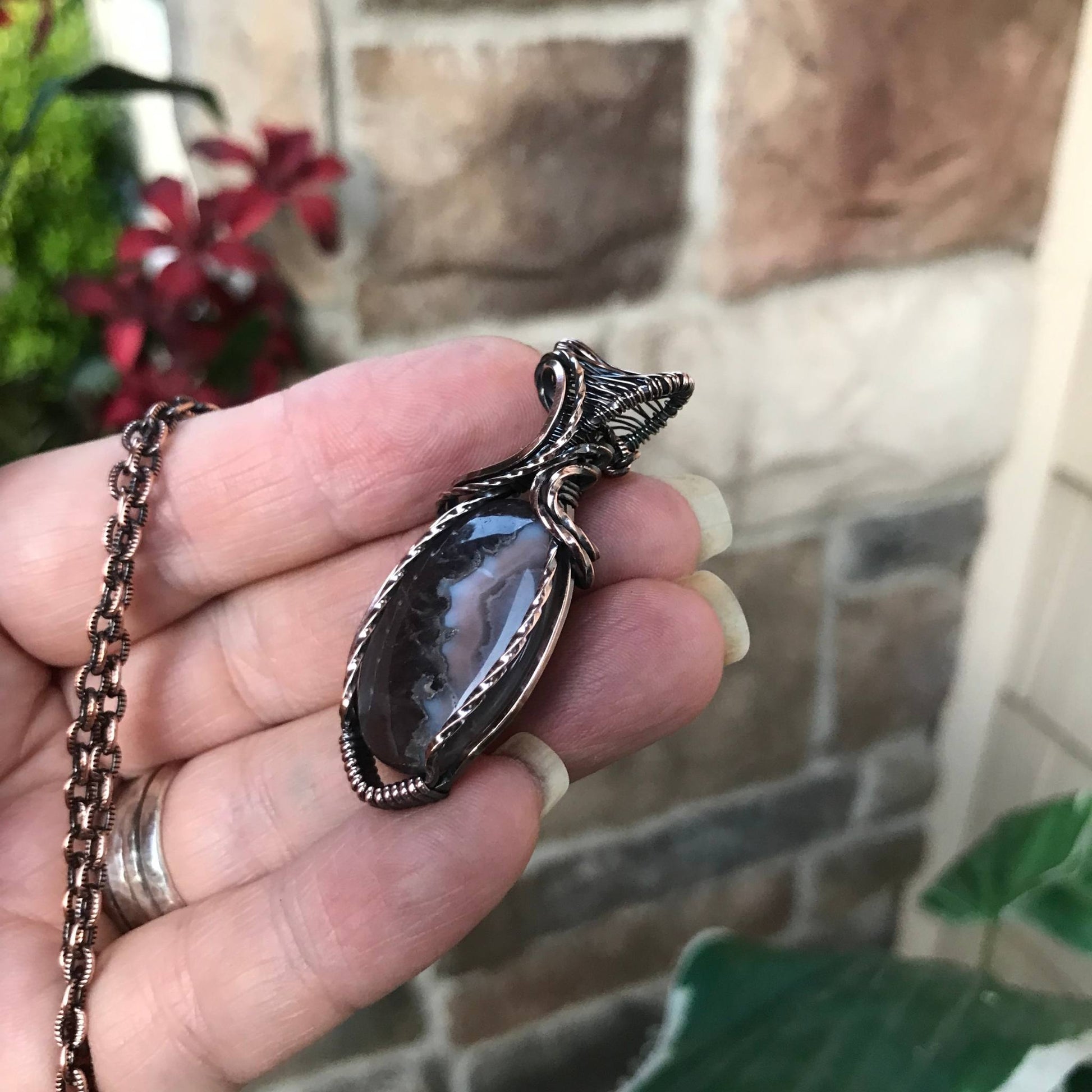 Purple pink and lavender plume agate copper wire wrapped pendant by Moonlet Jewelry