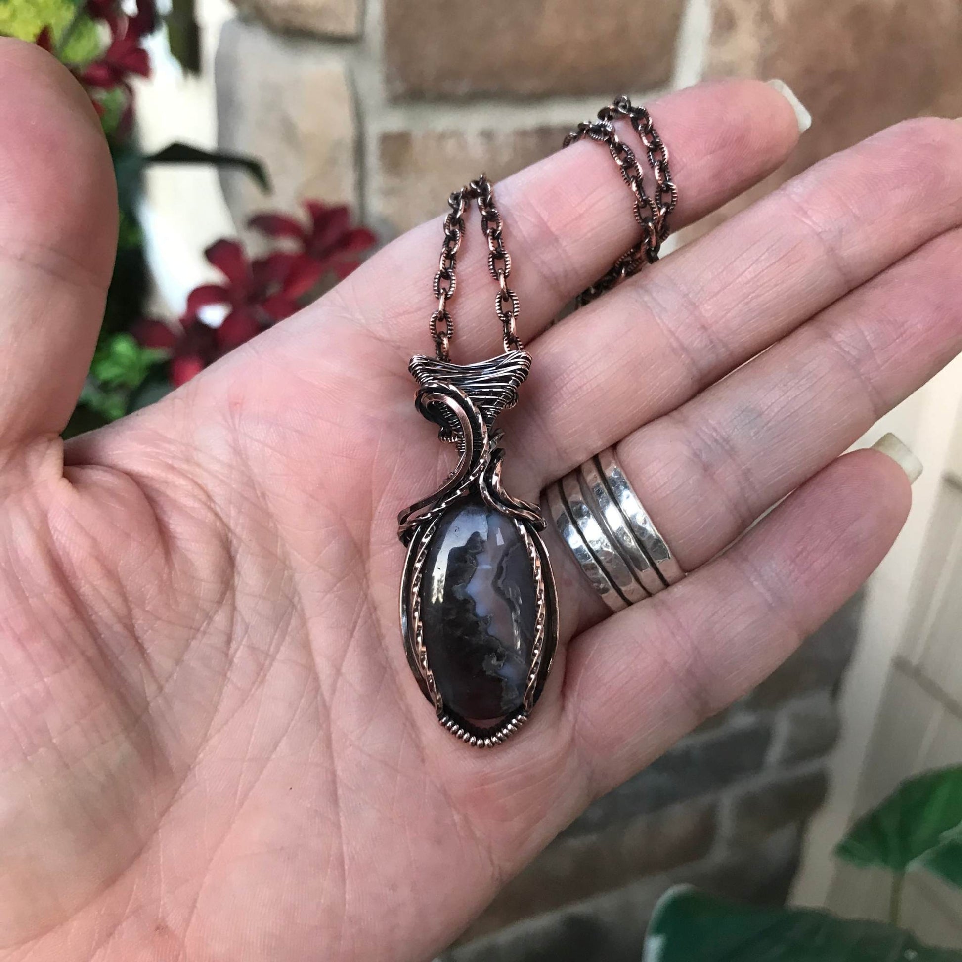 Purple pink and lavender plume agate copper wire wrapped pendant by Moonlet Jewelry