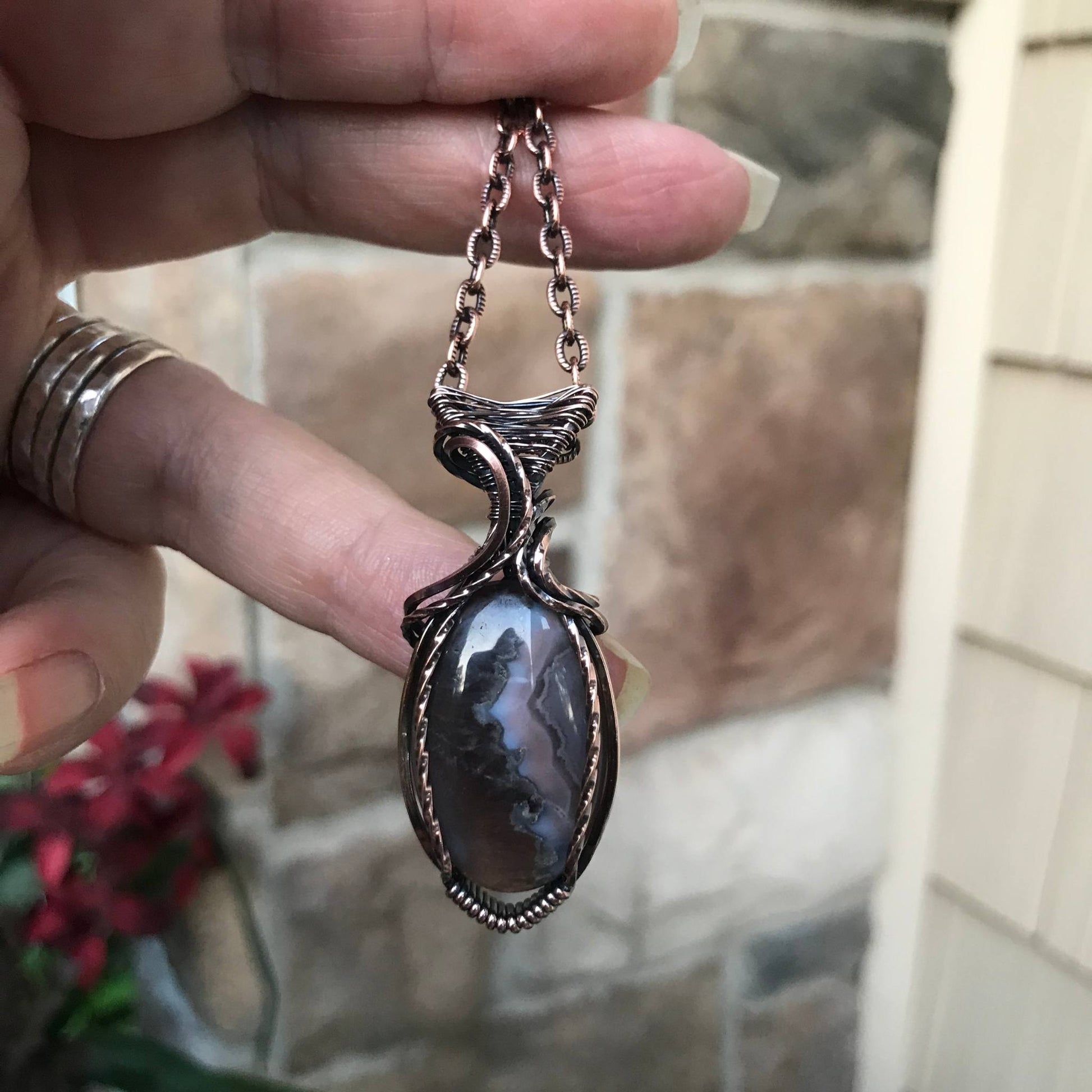 Purple pink and lavender plume agate copper wire wrapped pendant by Moonlet Jewelry