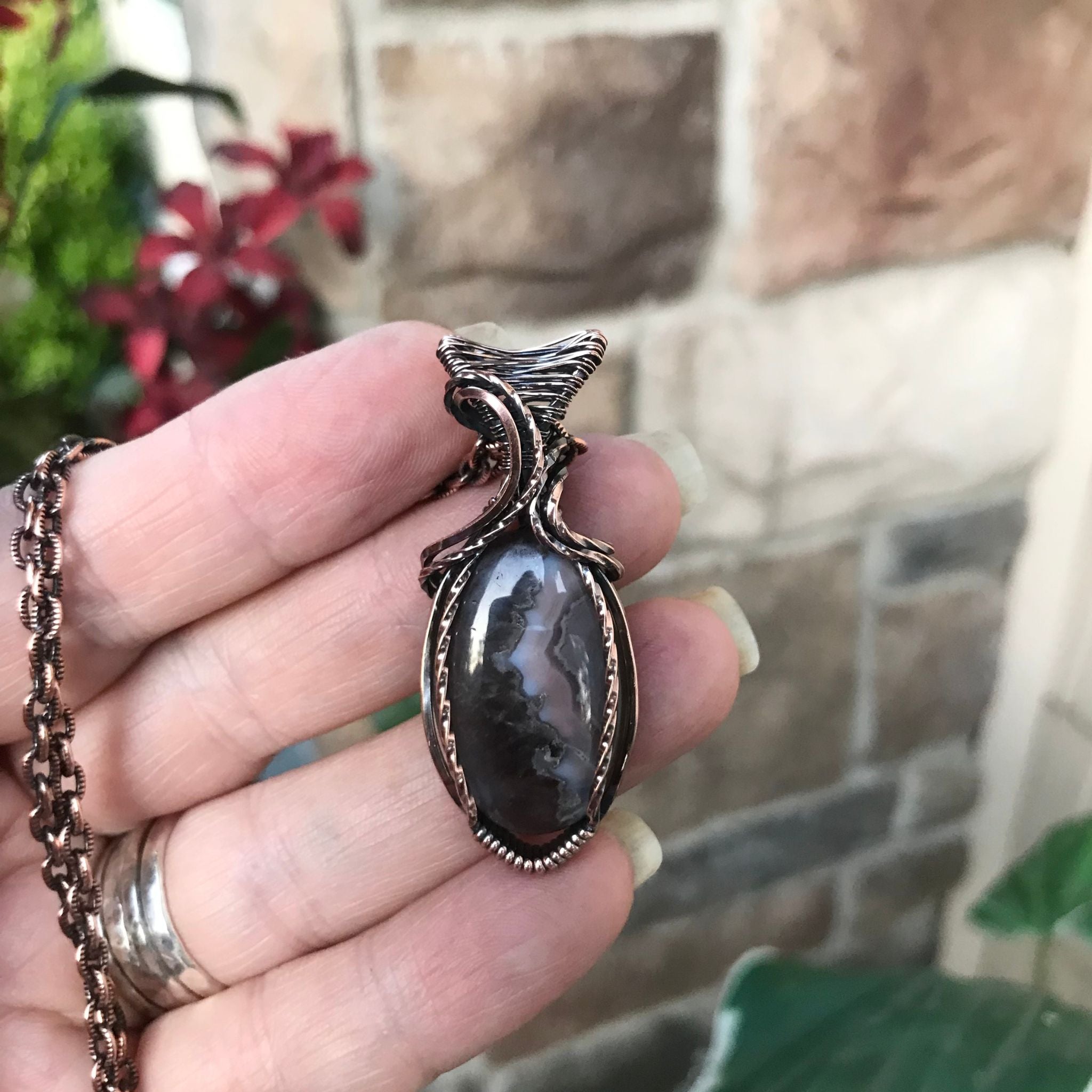 Purple pink and lavender plume agate copper wire wrapped pendant by Moonlet Jewelry