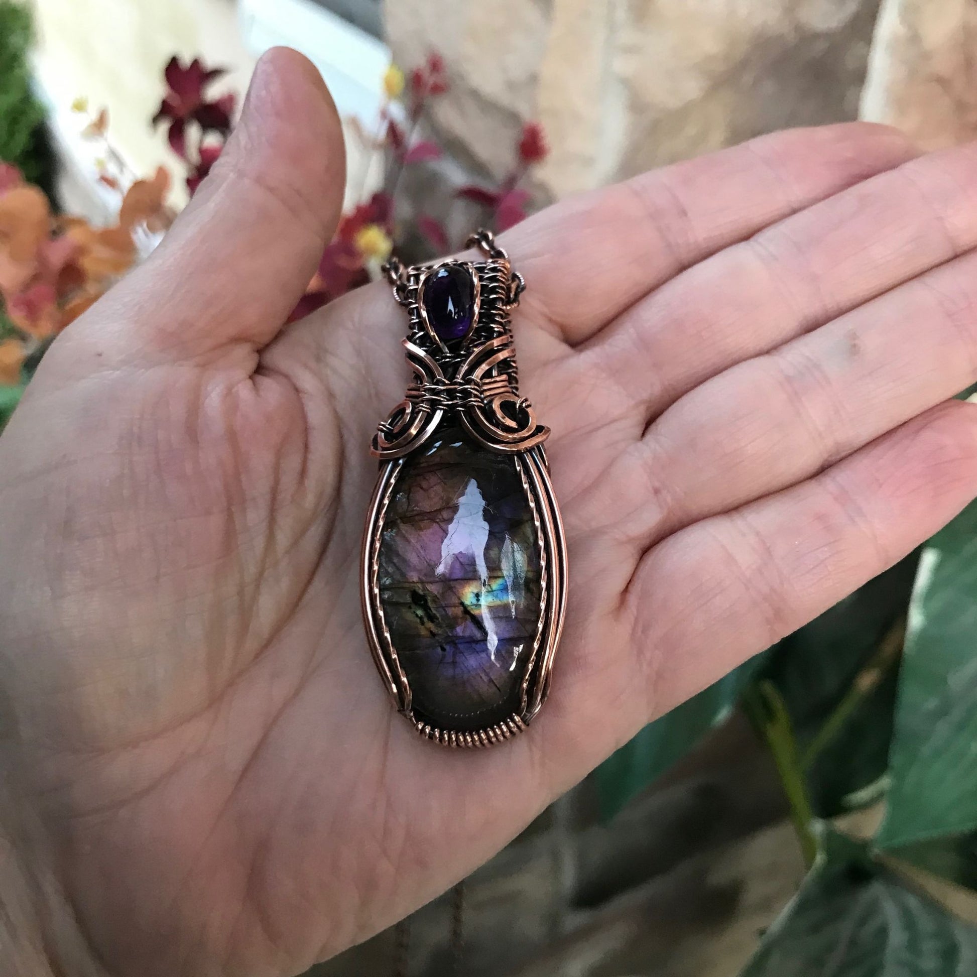 purple rainbow labradorite & amethyst copper pendant