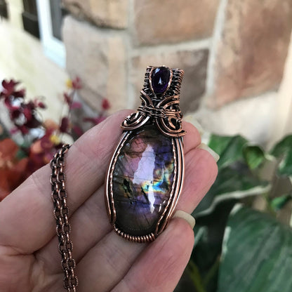 purple rainbow labradorite & amethyst copper pendant