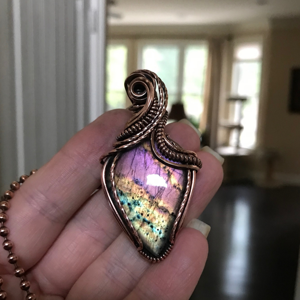 purple lavender yellow labradorite copper wire wrapped pendant necklace moonlet jewelry