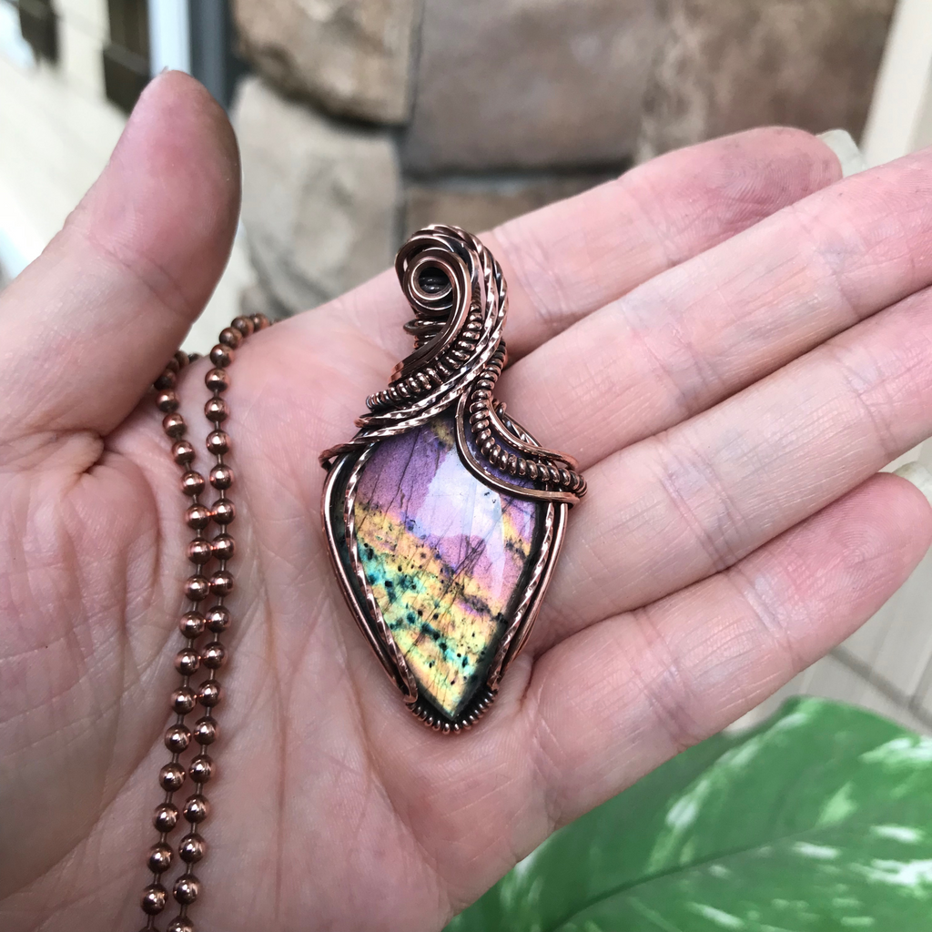 purple lavender yellow labradorite copper wire wrapped pendant necklace moonlet jewelry
