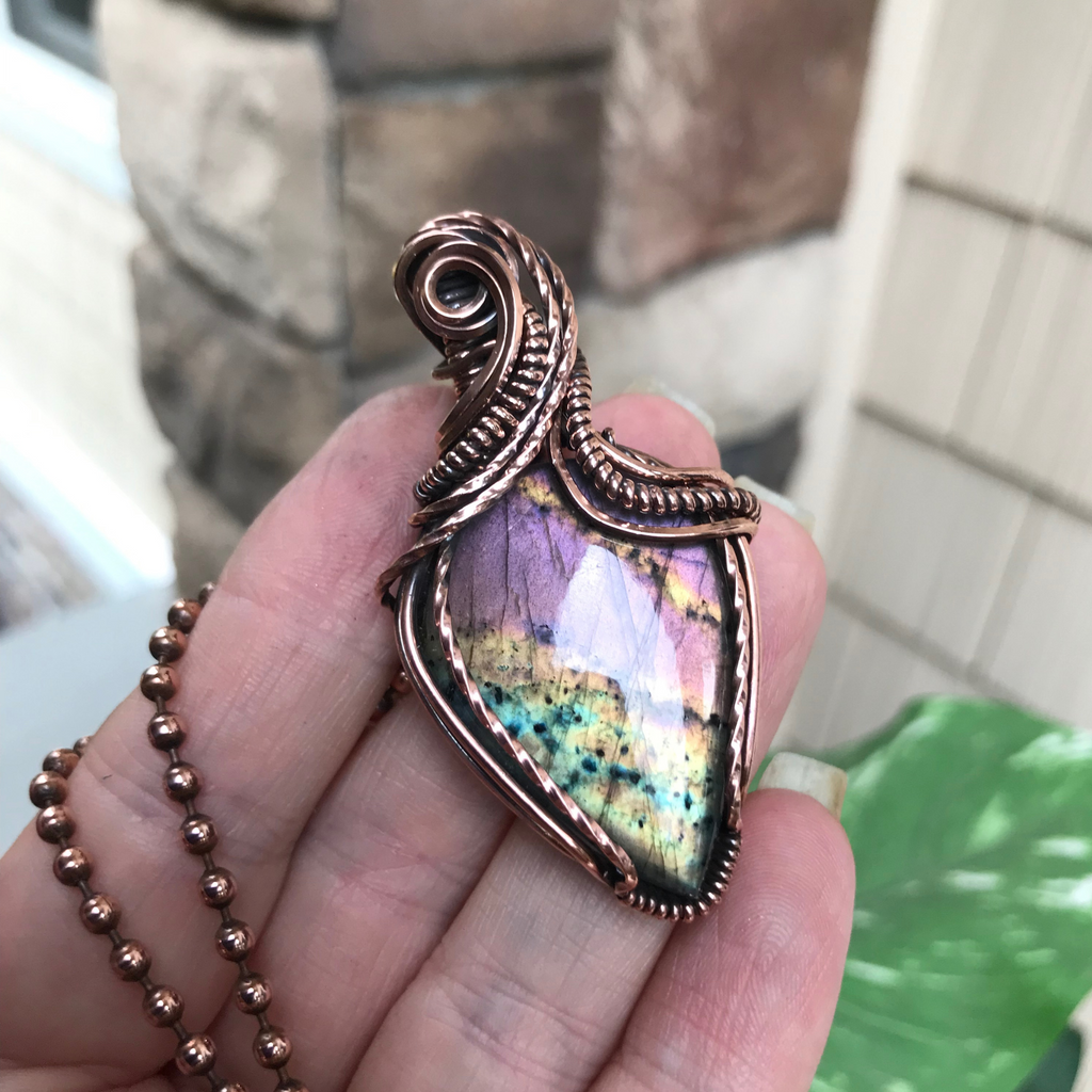 purple lavender yellow labradorite copper wire wrapped pendant necklace moonlet jewelry