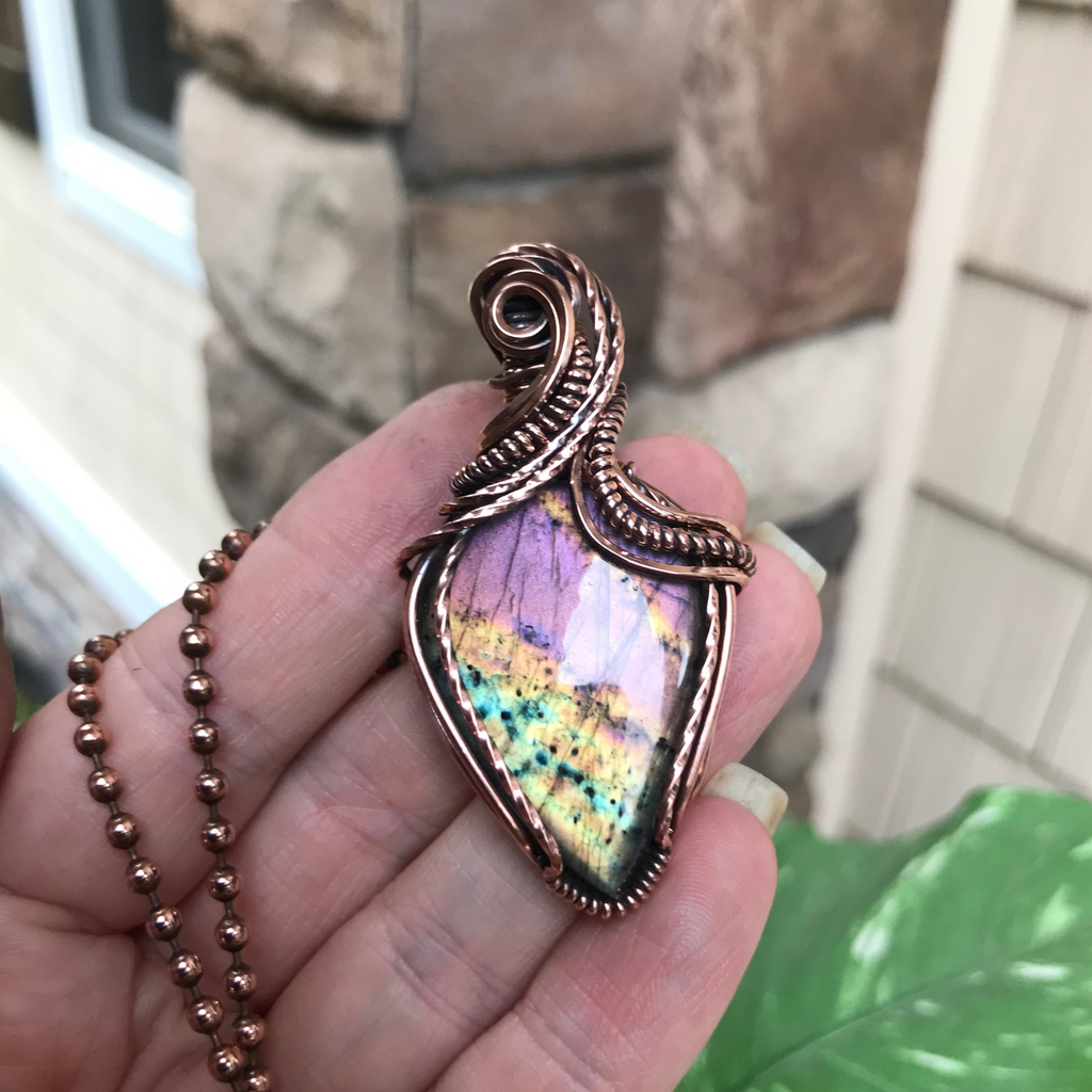 purple lavender yellow labradorite copper wire wrapped pendant necklace moonlet jewelry
