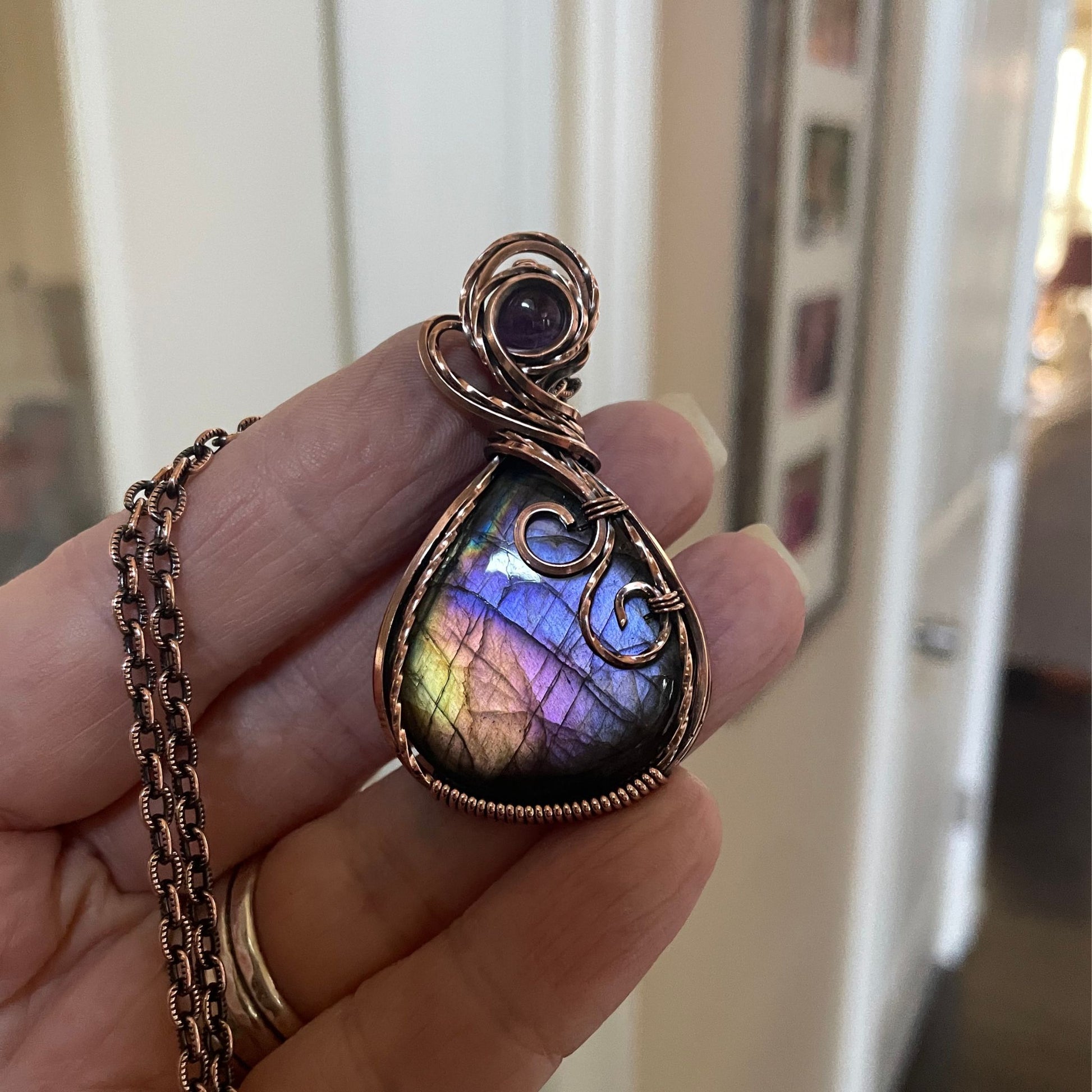 Rainbow Labradorite & Amethyst  Copper Pendant