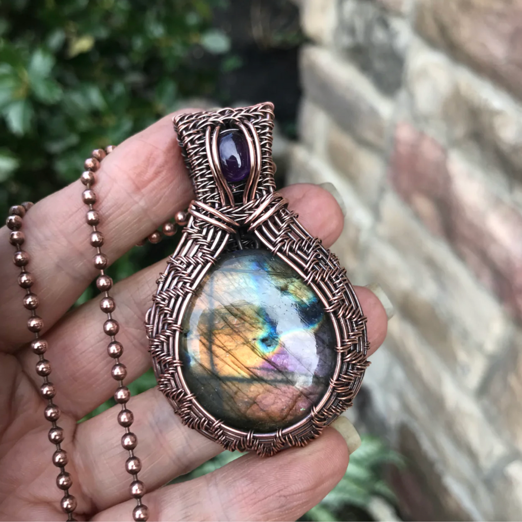rainbow labradorite amethyst copper wire wrapped woven pendant necklace