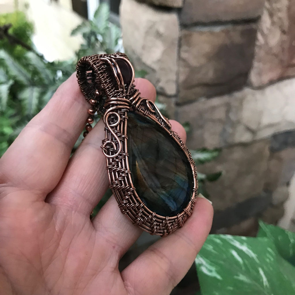 rainbow labradorite cats eye wire wrapped large teardrop copper pendant