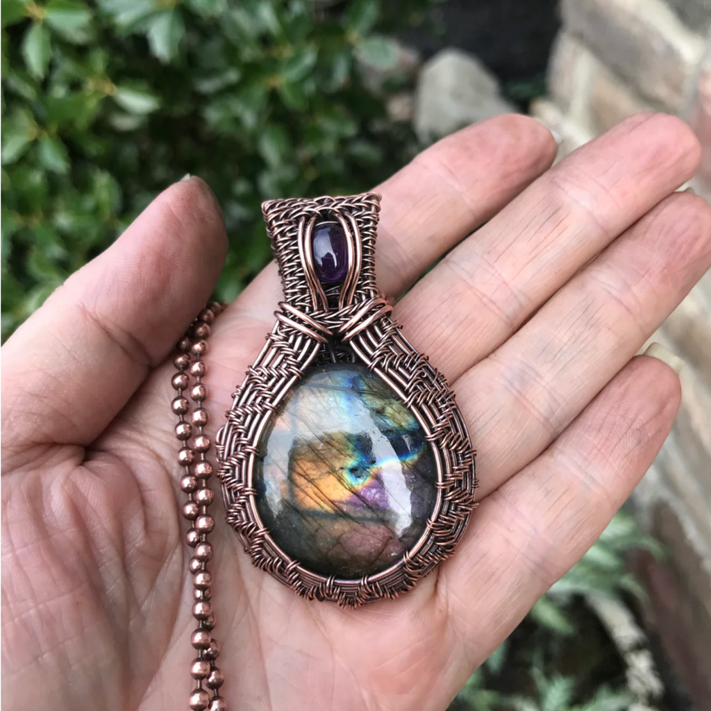rainbow labradorite amethyst copper wire wrapped woven pendant necklace