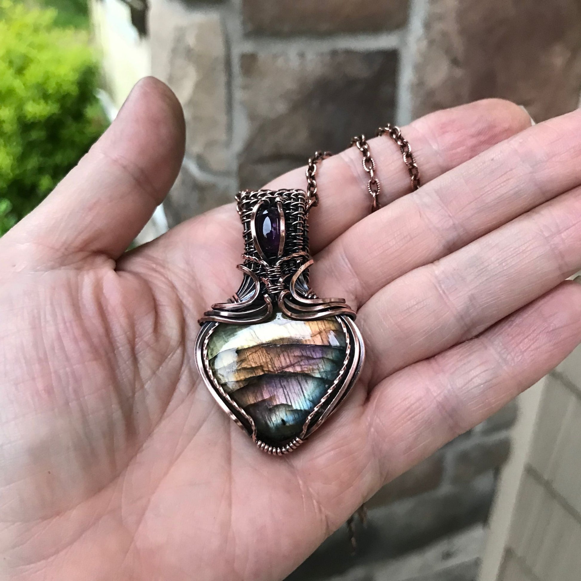 Rainbow Labradorite & Amethyst Copper Pendant with Woven Bail