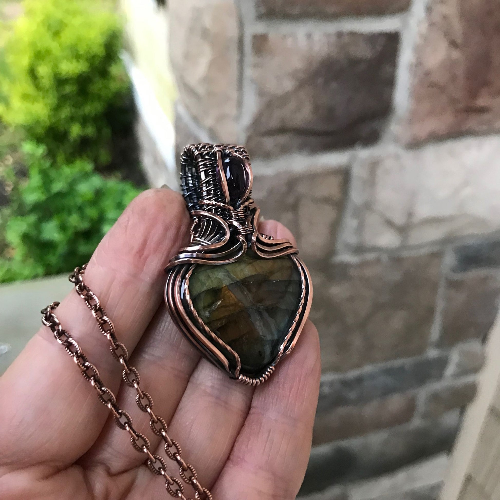 Rainbow Labradorite & Amethyst Copper Pendant with Woven Bail