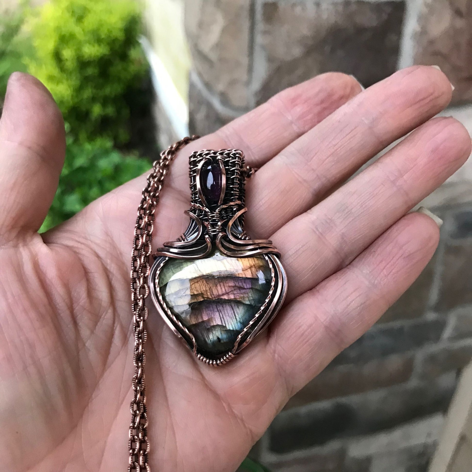 Rainbow Labradorite & Amethyst Copper Pendant with Woven Bail