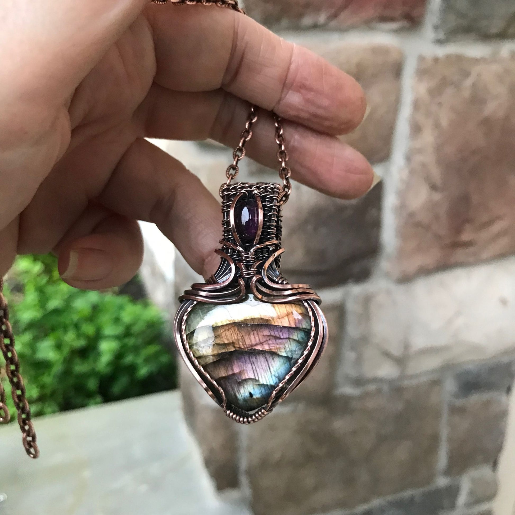 Rainbow Labradorite & Amethyst Copper Pendant with Woven Bail