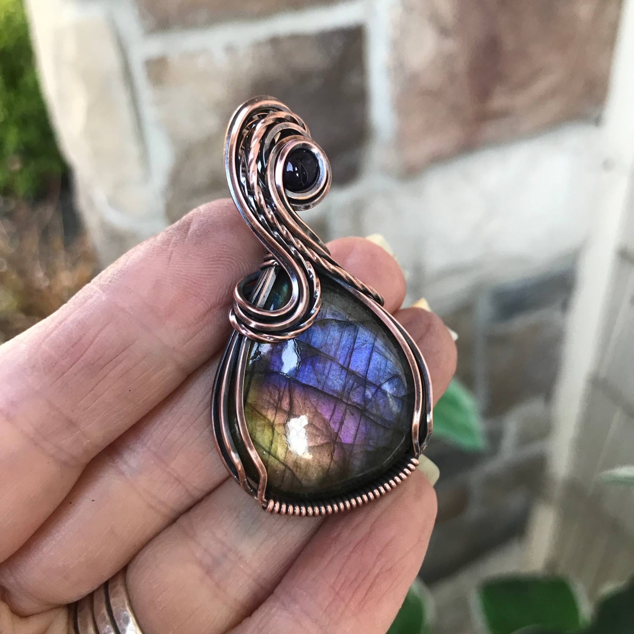 Rainbow Labradorite & Amethyst Copper Pendant