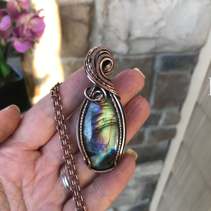 rainbow labradorite oval copper wire wrapped pendant
