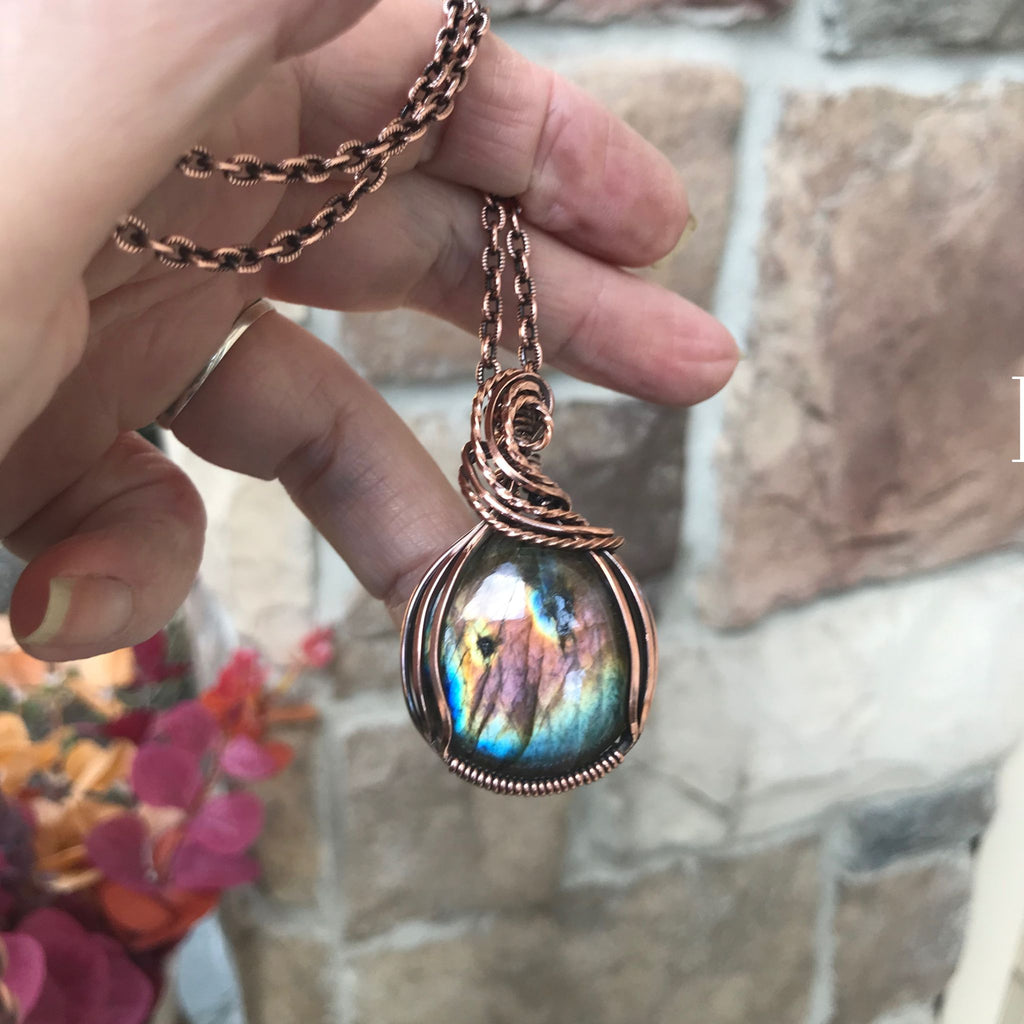 rainbow labradorite round copper wire wrapped necklace