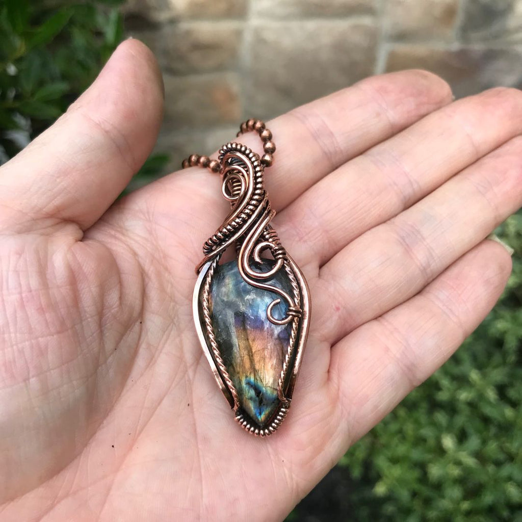rainbow labradorite swirl copper pendant