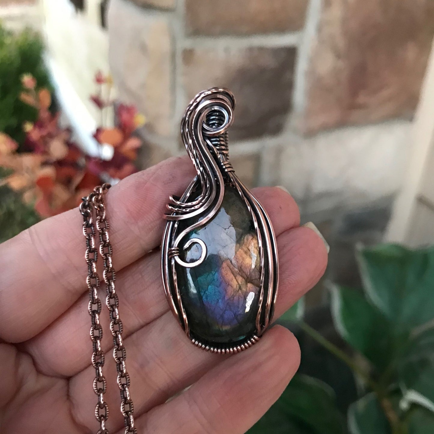 rainbow labradorite swirly oval copper necklace