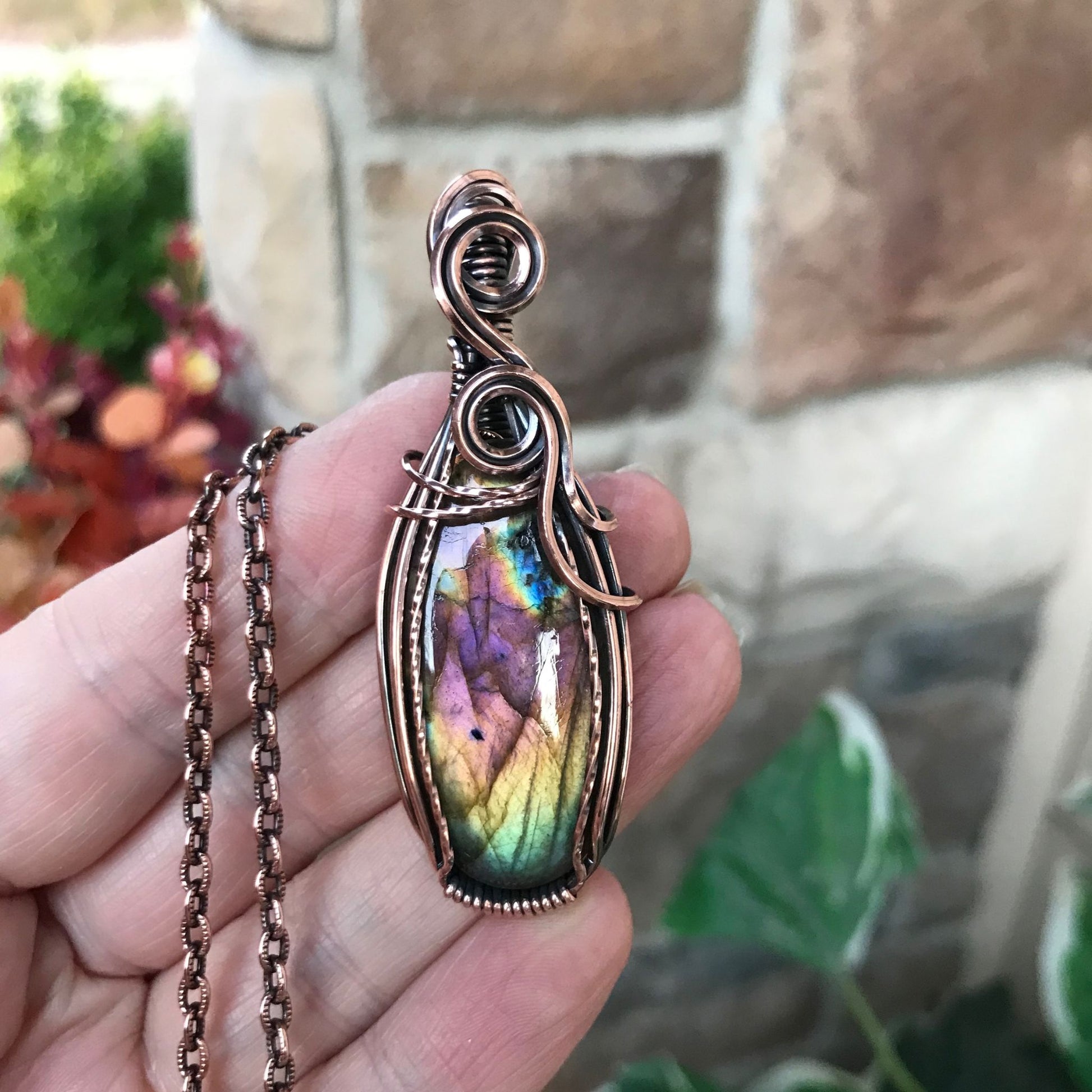 rainbow labradorite swirly slender oval copper necklace