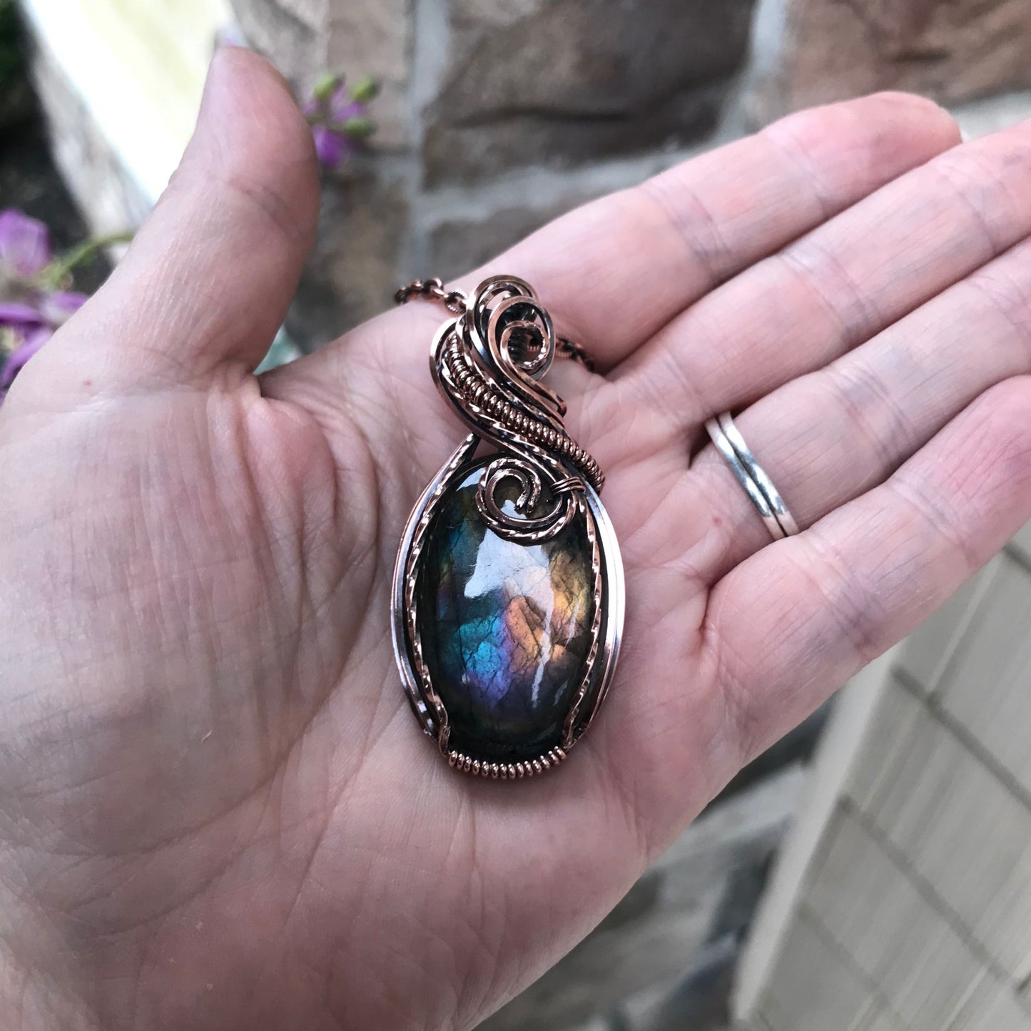 Rainbow Labradorite Oval Copper Pendant