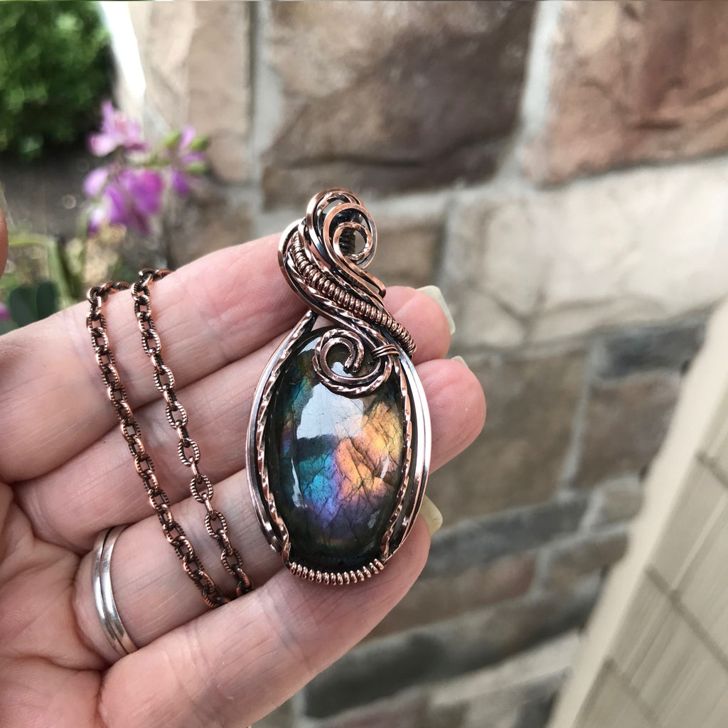 rainbow labradorite wire wrapped copper pendant