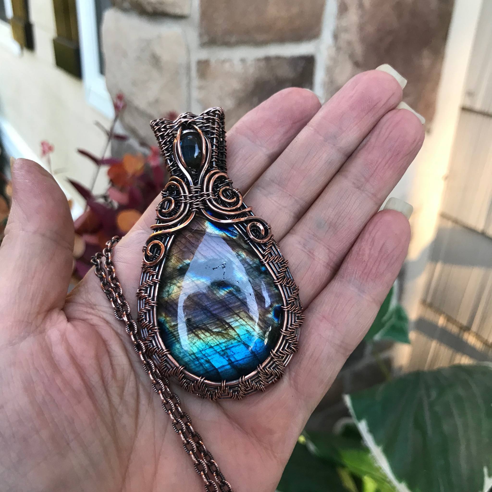 Rainbow Labradorite Statement Wire Weave Copper Pendant