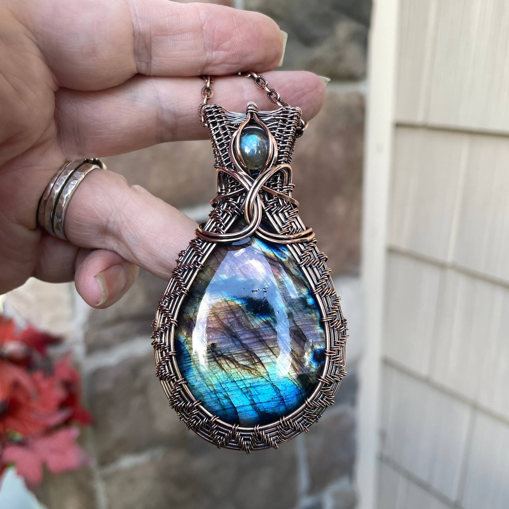 Rainbow Labradorite & Blue Labradorite Accent Woven Copper Pendant