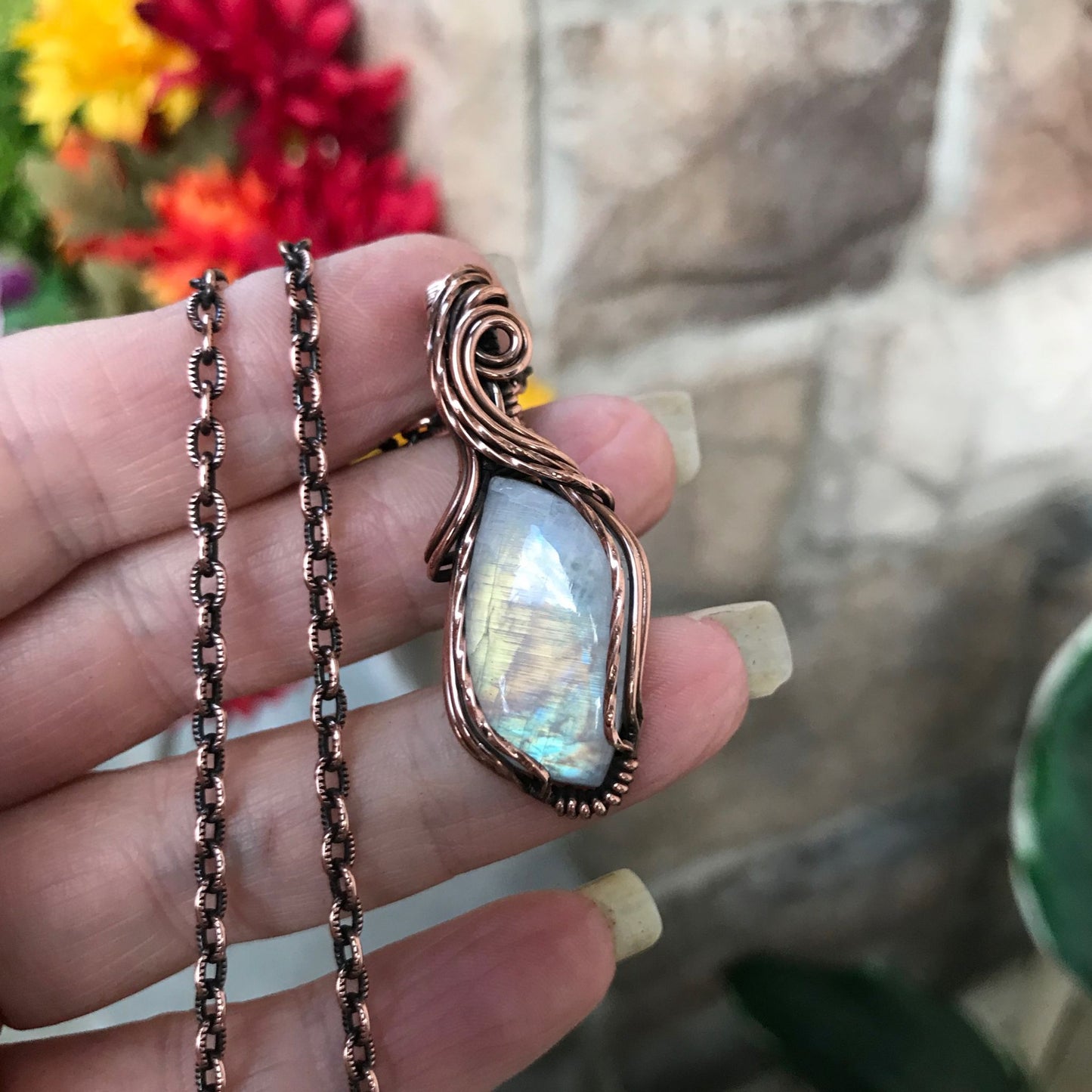 rainbow moonstone copper necklace