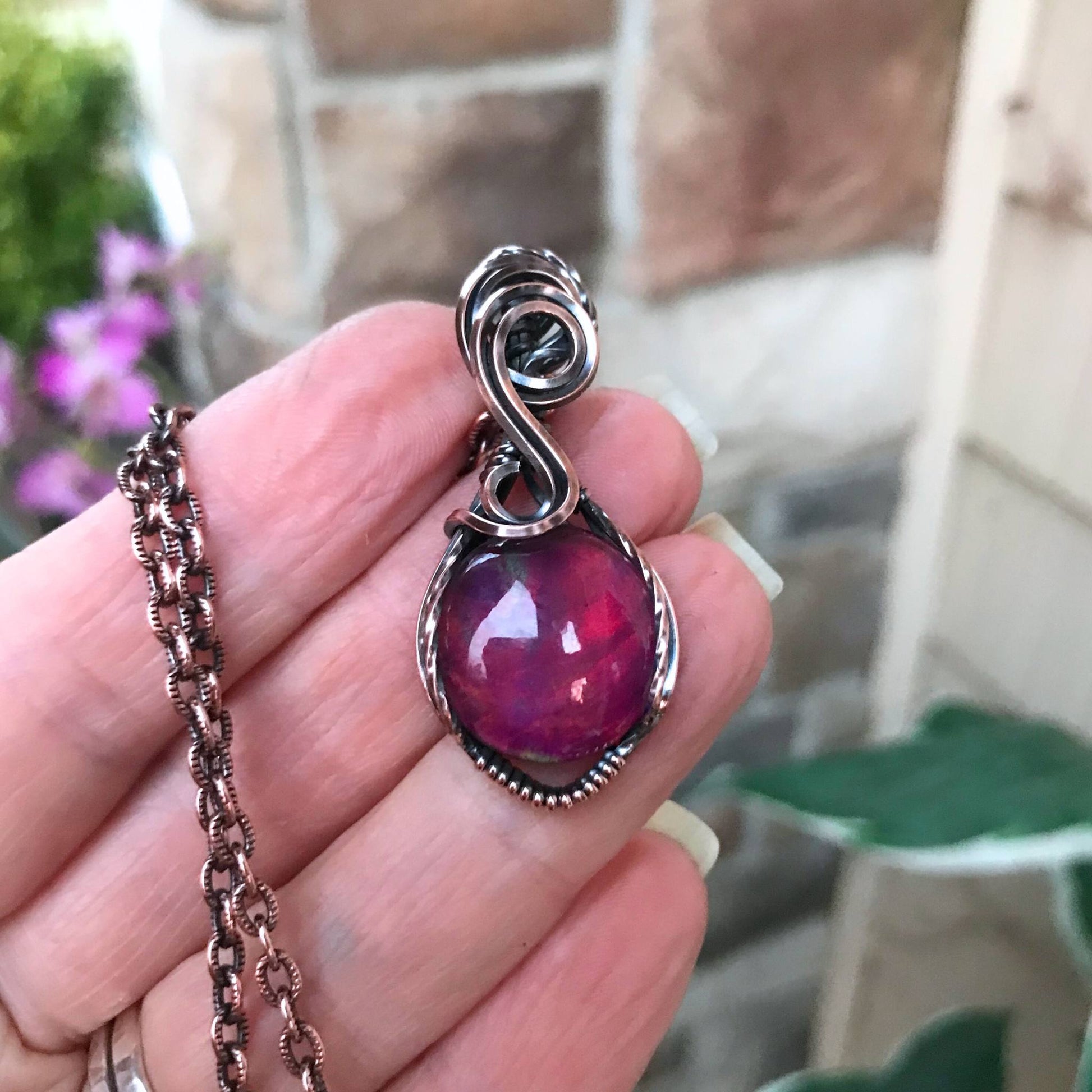 Aurora Opal Magenta Purple Round Copper Pendant