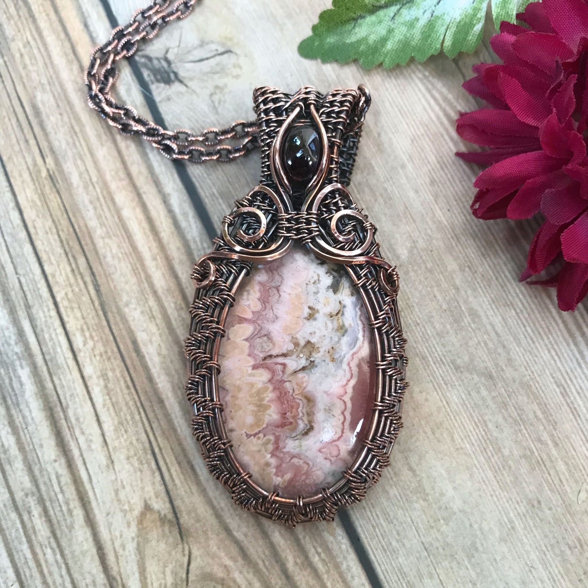 Rhodochrosite & Garnet Copper Woven Necklace