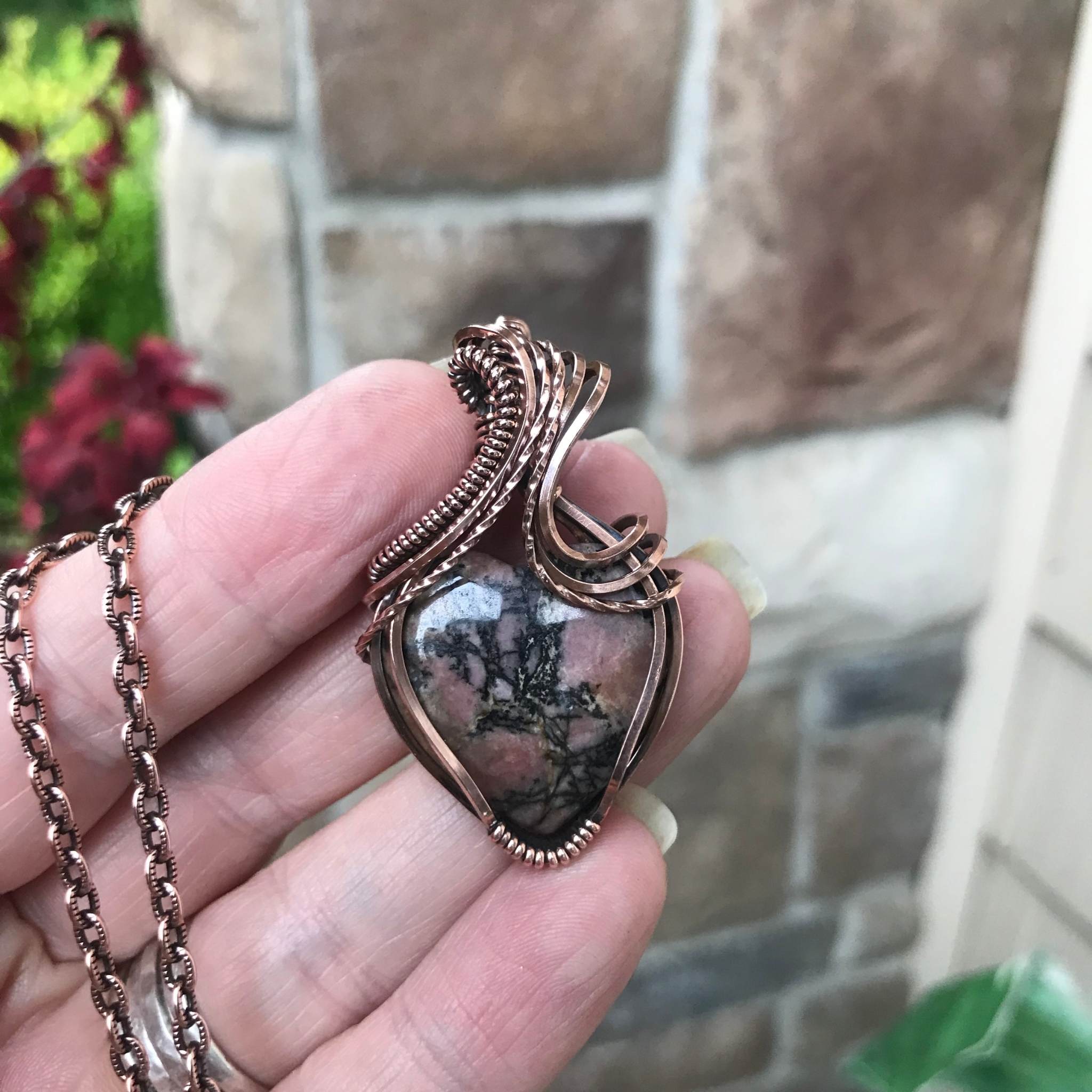 Rhodonite heart shaped copper wire wrapped pendant