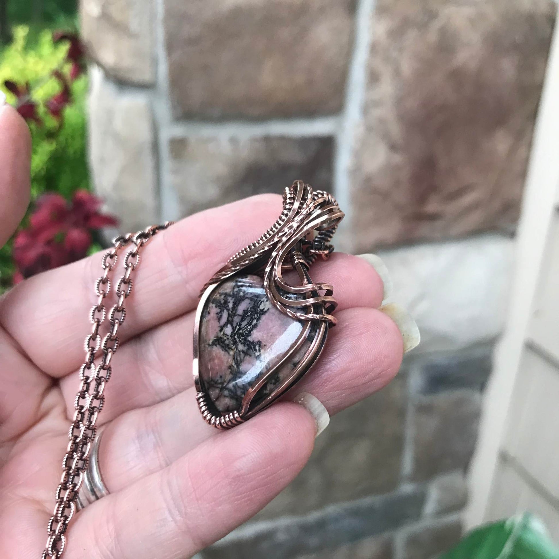 Rhodonite Heart Pendant in Oxidized Copper