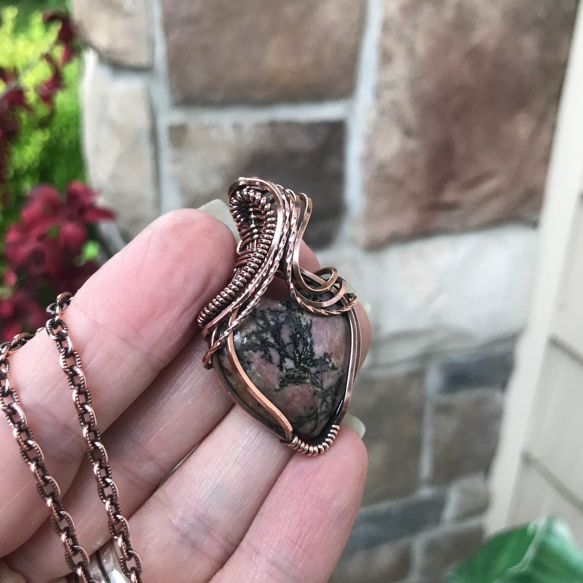 Rhodonite Heart Pendant in Oxidized Copper