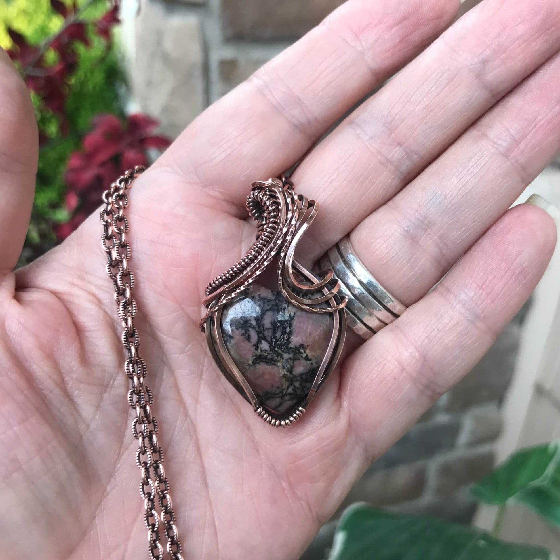 Rhodonite Heart Pendant in Oxidized Copper