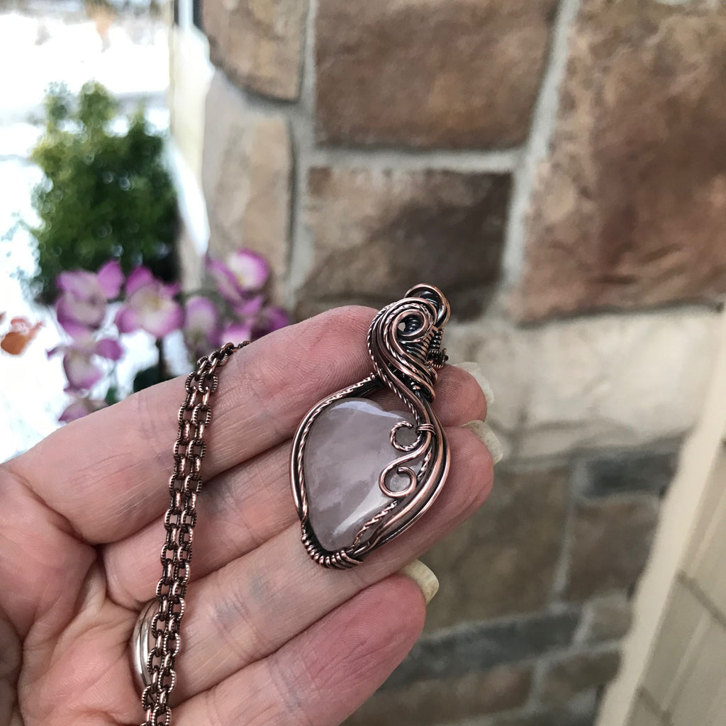 rose quartz copper heart pendant