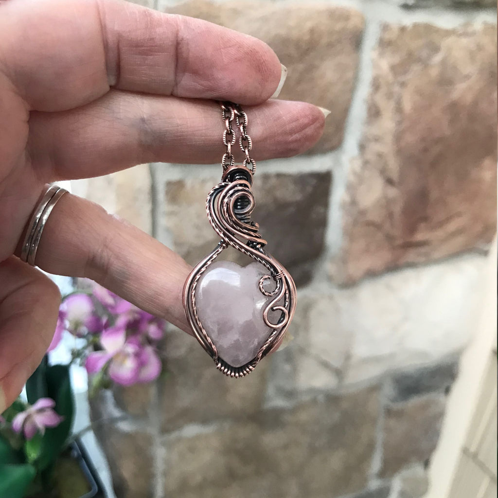 rose quartz copper heart pendant