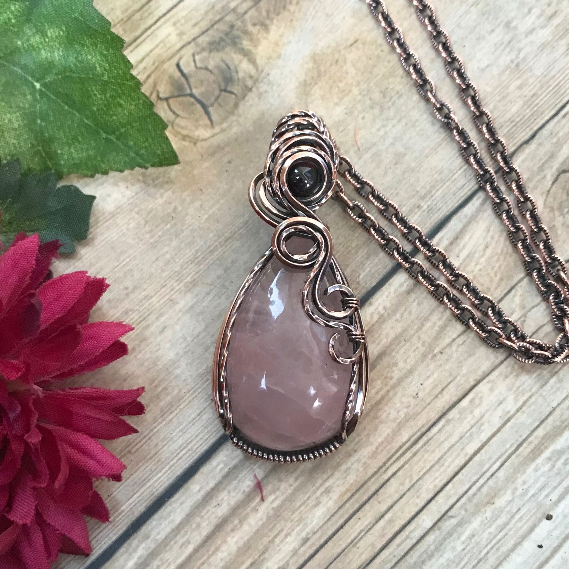 Rose Quartz & Garnet Copper Pendant