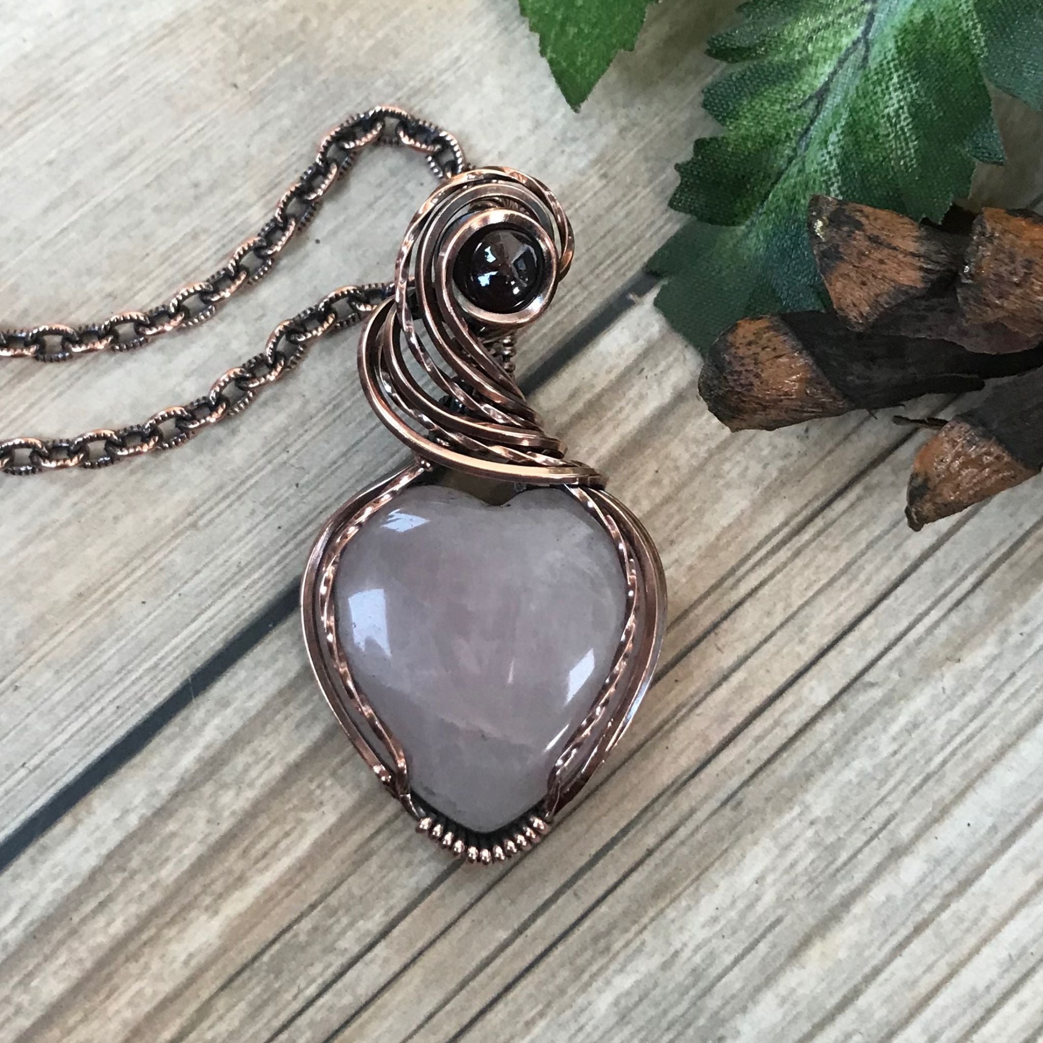 Rose Quartz & Garnet Heart Copper Pendant