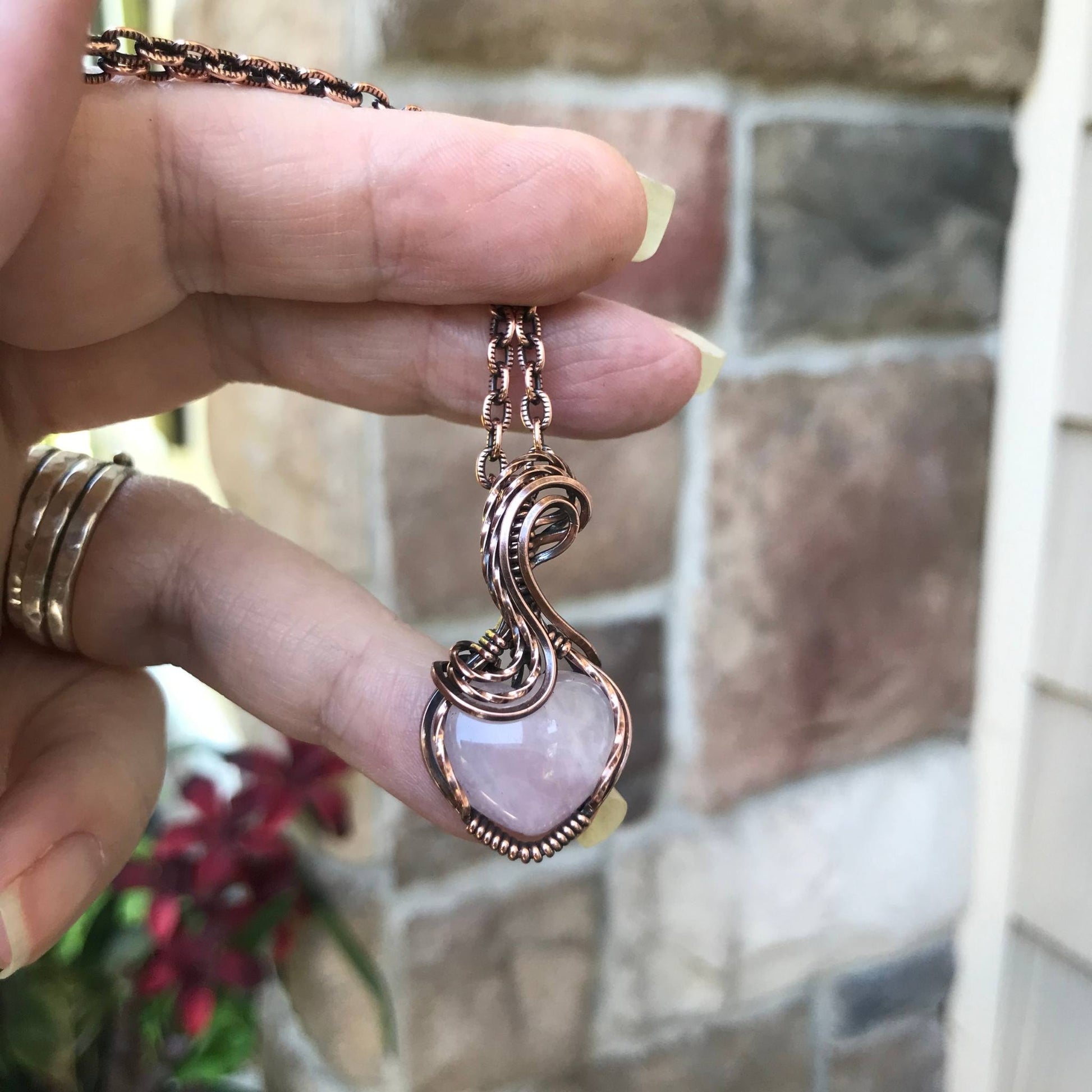 Rose quartz mini heart copper wire wrapped pendant necklace by Moonlet Jewelry