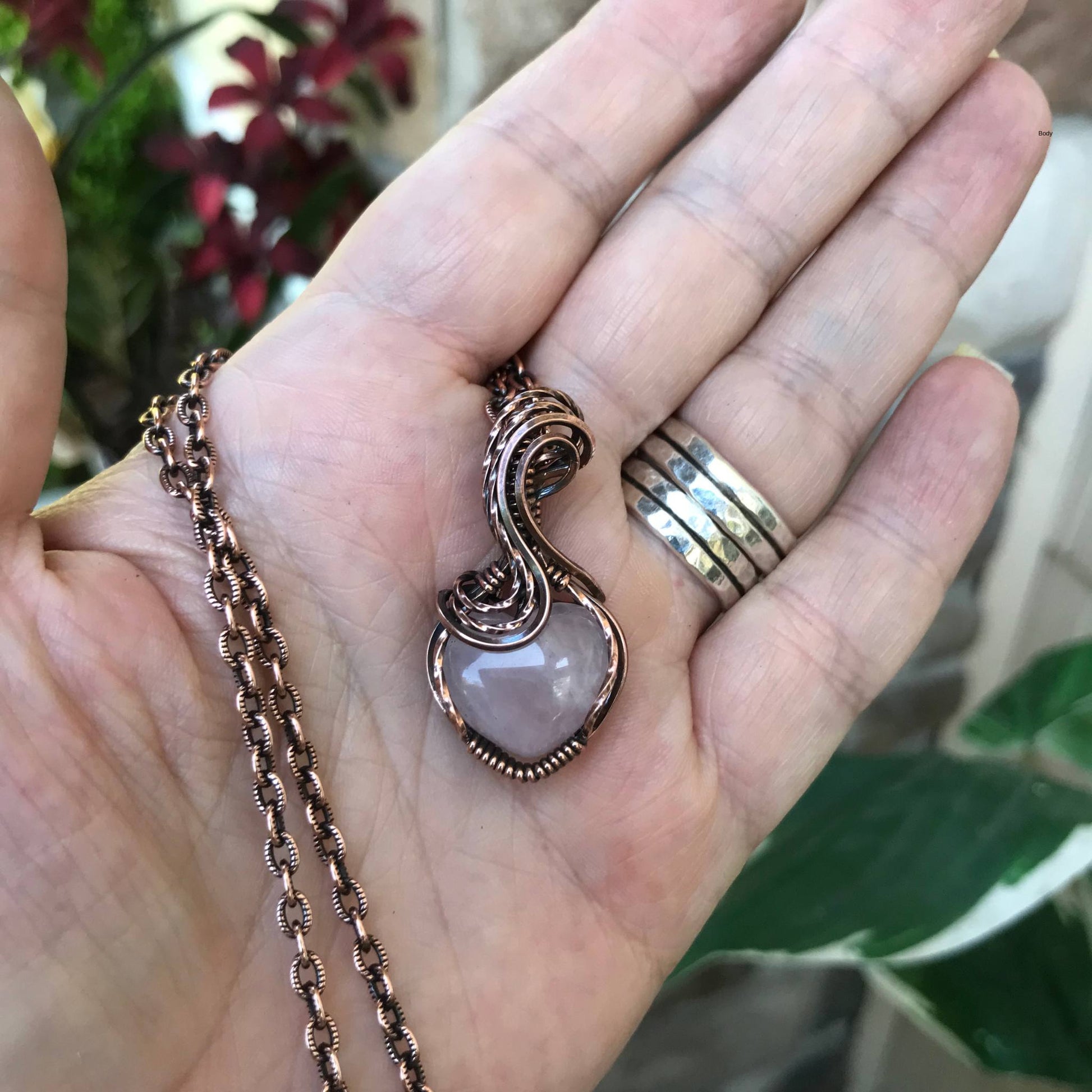 Rose quartz mini heart copper wire wrapped pendant necklace by Moonlet Jewelry