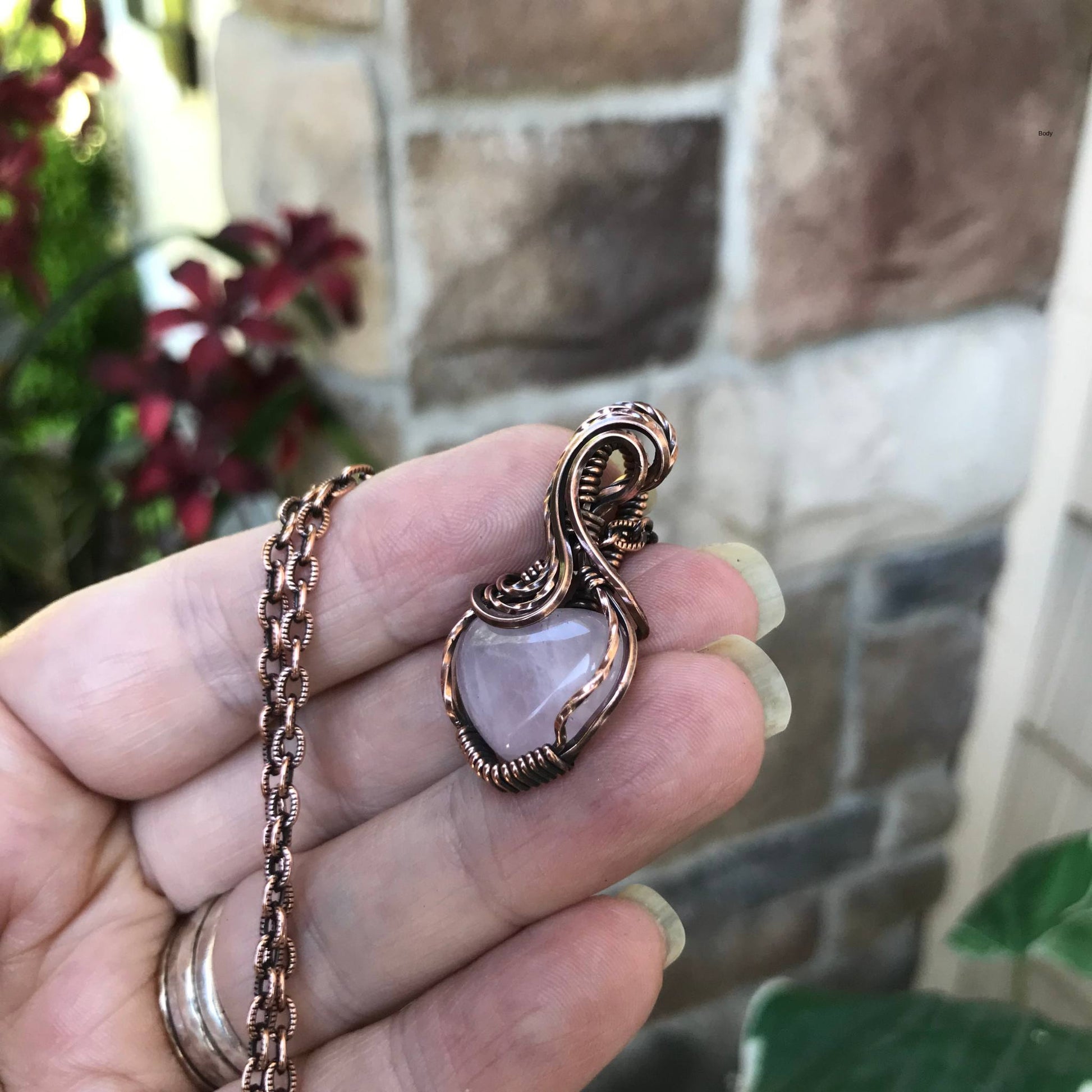 Rose quartz mini heart copper wire wrapped pendant necklace by Moonlet Jewelry