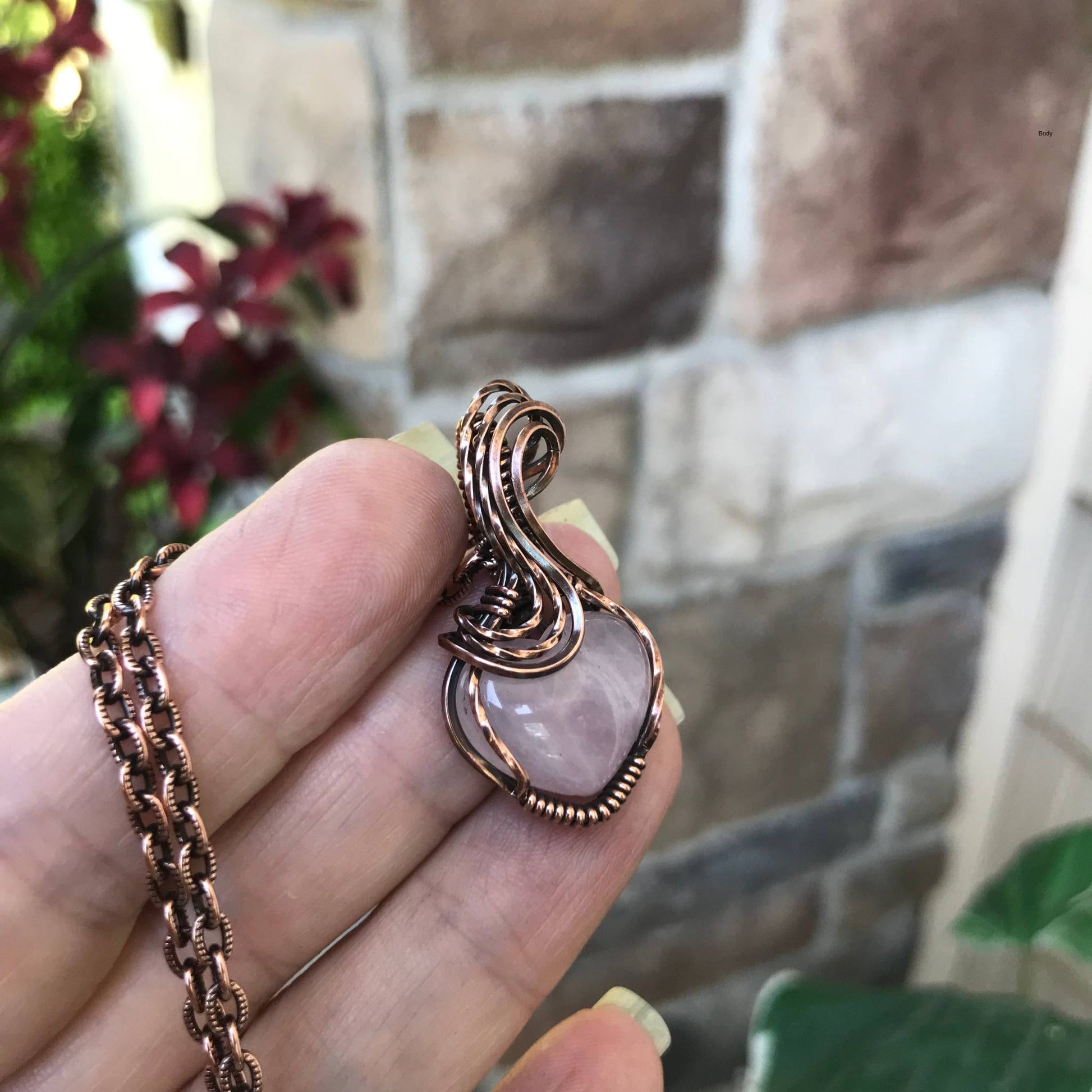 Rose quartz mini heart copper wire wrapped pendant necklace by Moonlet Jewelry